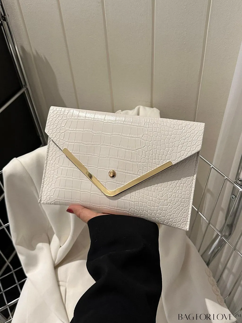BagForLove - Chic Crocodile Embossed Envelope Clutch with Metal Edge - Sleek & Fashionable