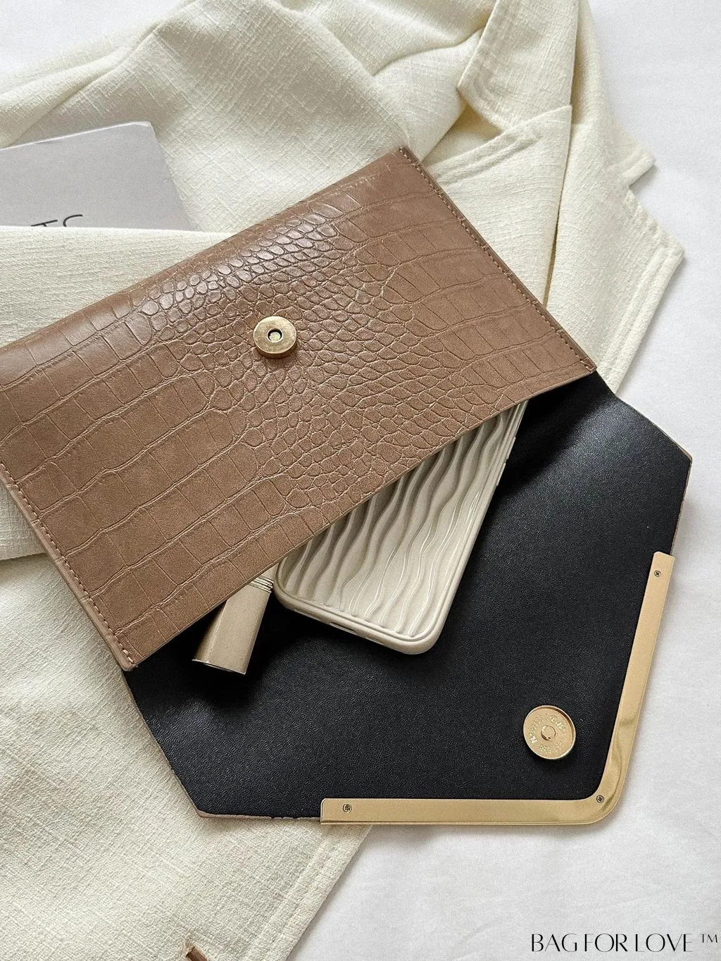 BagForLove - Chic Crocodile Embossed Envelope Clutch with Metal Edge - Sleek & Fashionable