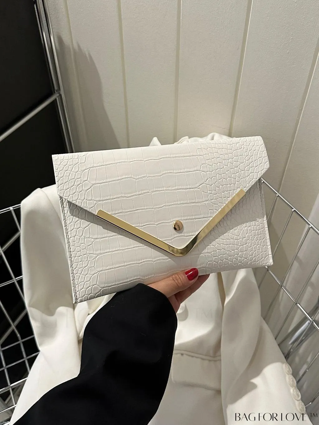 BagForLove - Chic Crocodile Embossed Envelope Clutch with Metal Edge - Sleek & Fashionable