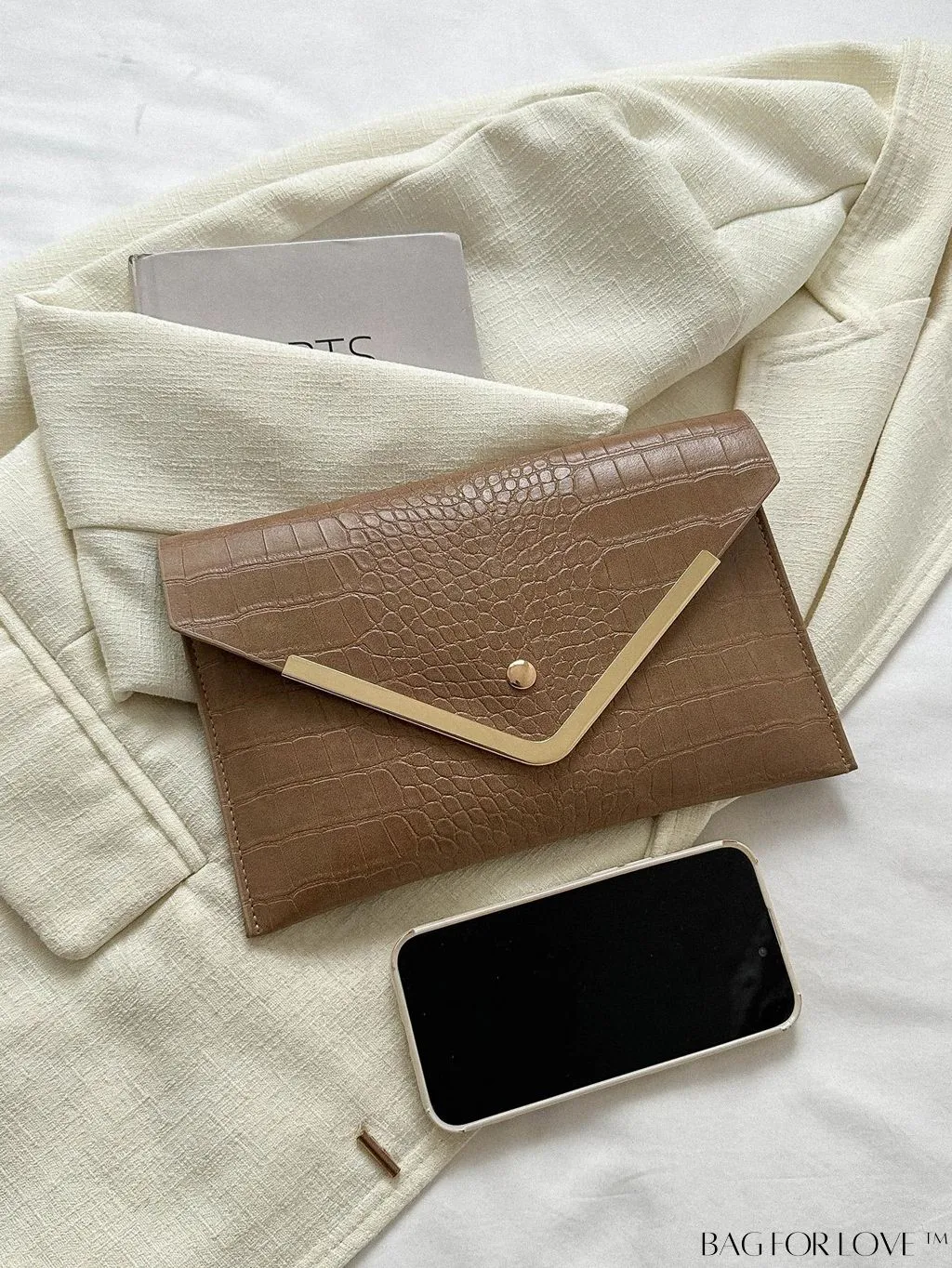 BagForLove - Chic Crocodile Embossed Envelope Clutch with Metal Edge - Sleek & Fashionable
