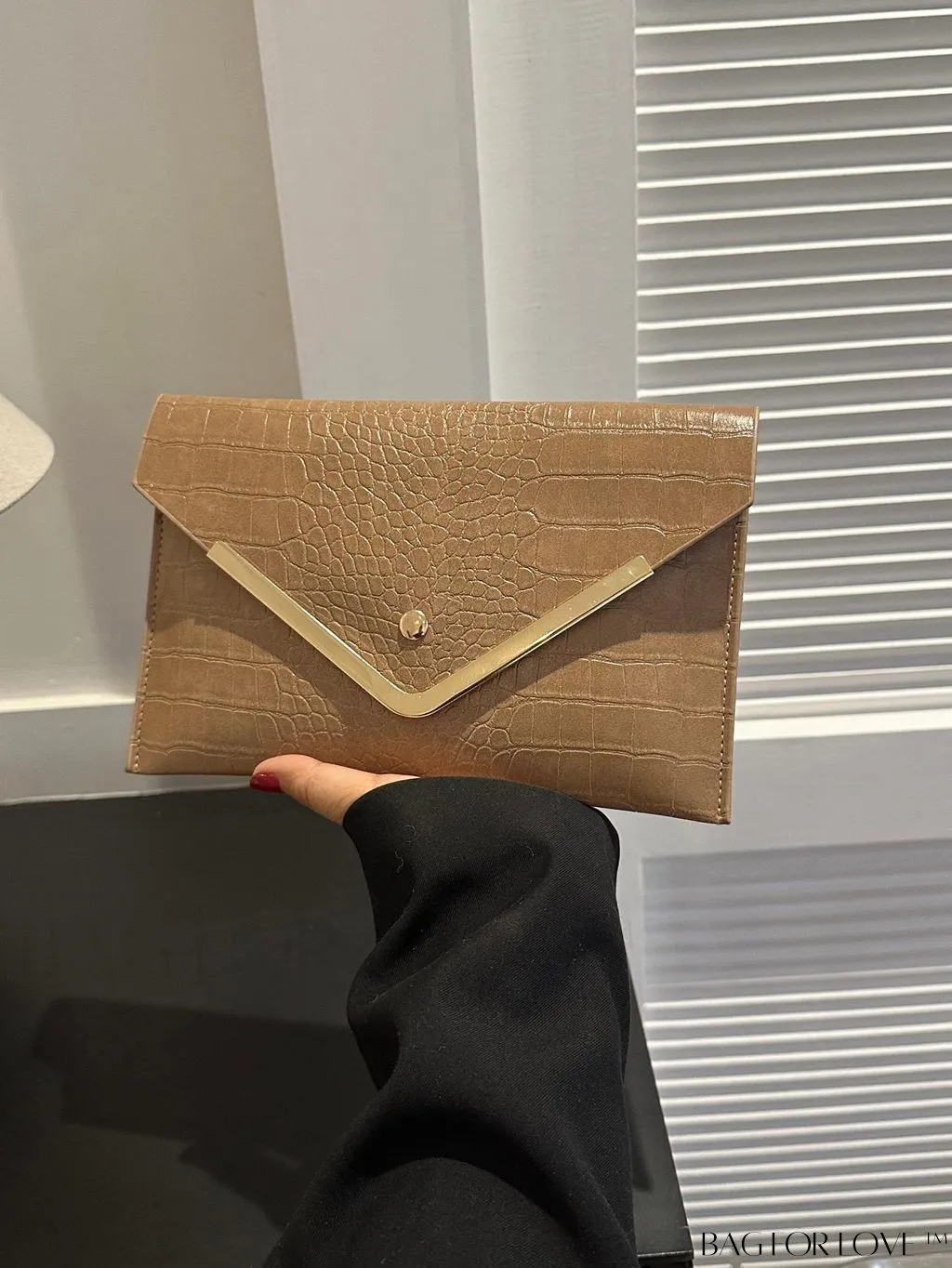 BagForLove - Chic Crocodile Embossed Envelope Clutch with Metal Edge - Sleek & Fashionable