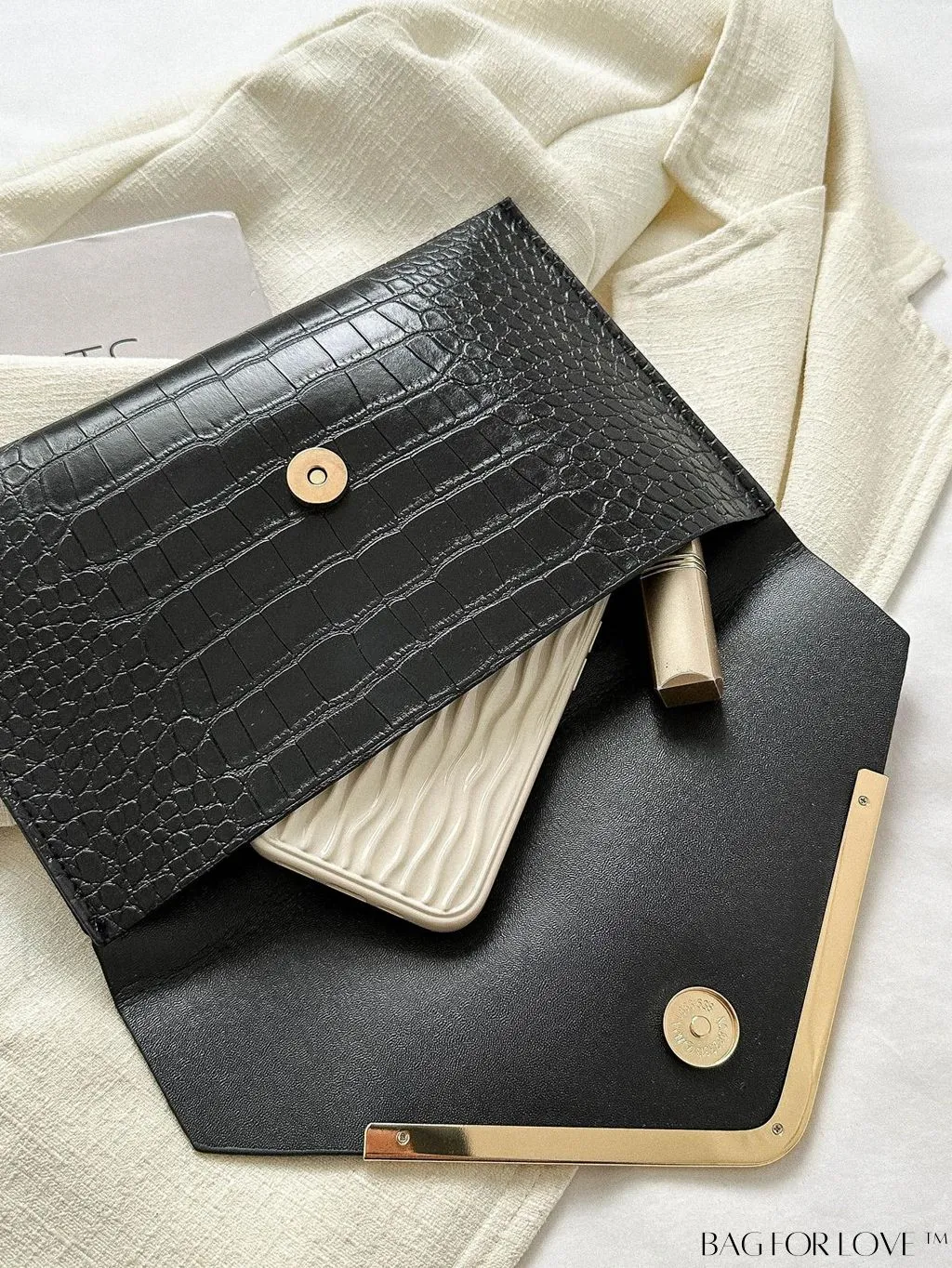 BagForLove - Chic Crocodile Embossed Envelope Clutch with Metal Edge - Sleek & Fashionable