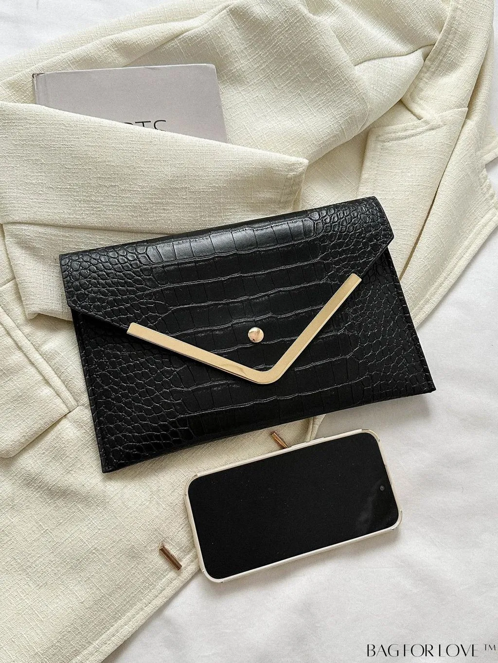 BagForLove - Chic Crocodile Embossed Envelope Clutch with Metal Edge - Sleek & Fashionable