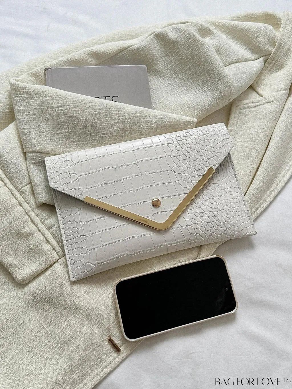 BagForLove - Chic Crocodile Embossed Envelope Clutch with Metal Edge - Sleek & Fashionable