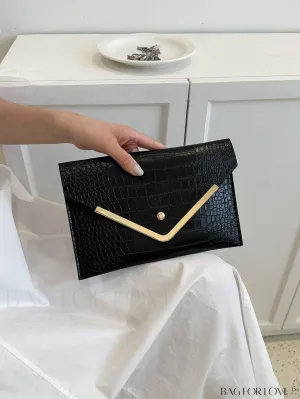 BagForLove - Chic Crocodile Embossed Envelope Clutch with Metal Edge - Sleek & Fashionable