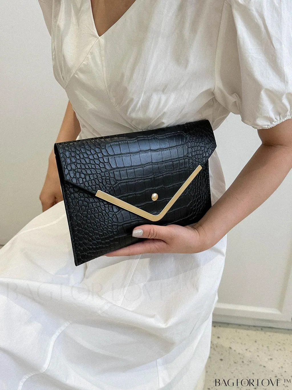 BagForLove - Chic Crocodile Embossed Envelope Clutch with Metal Edge - Sleek & Fashionable
