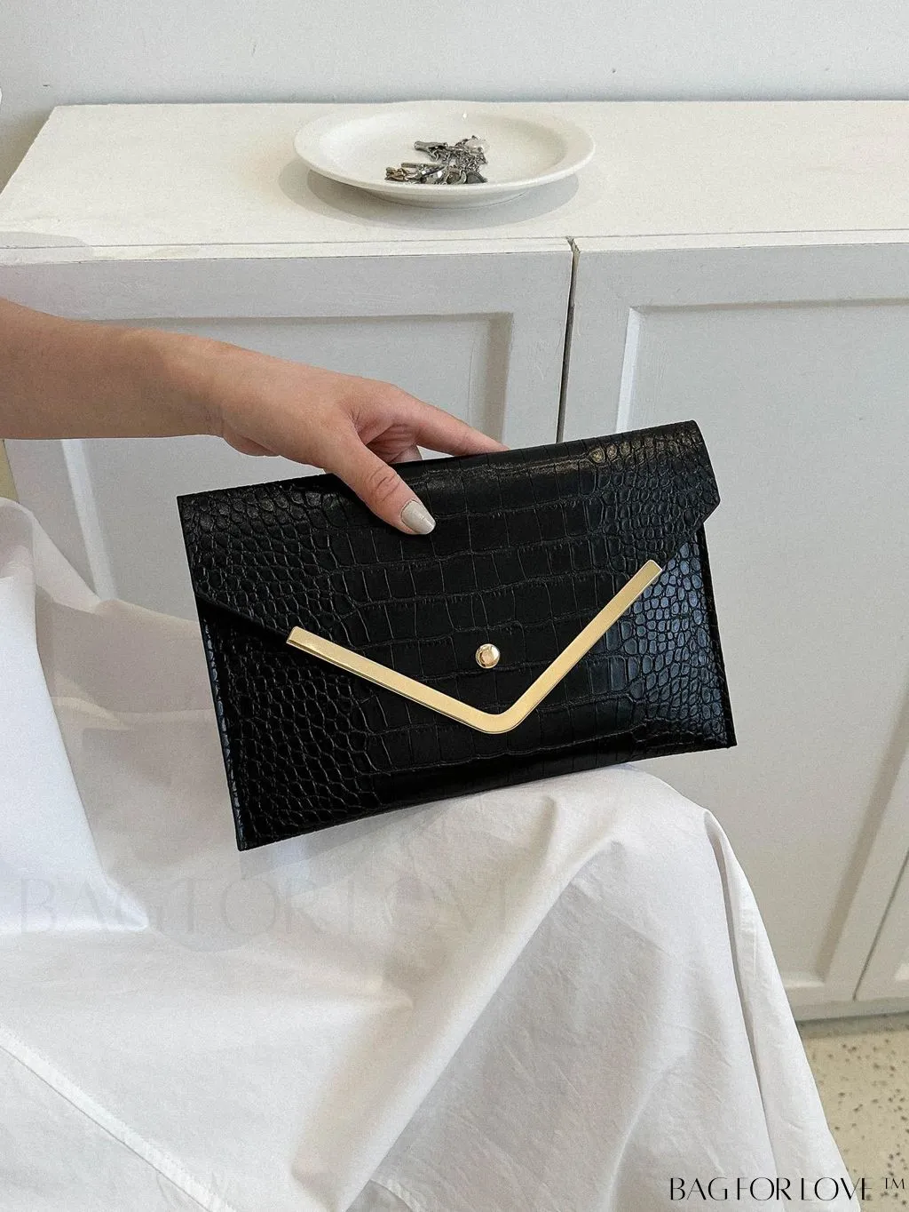 BagForLove - Chic Crocodile Embossed Envelope Clutch with Metal Edge - Sleek & Fashionable