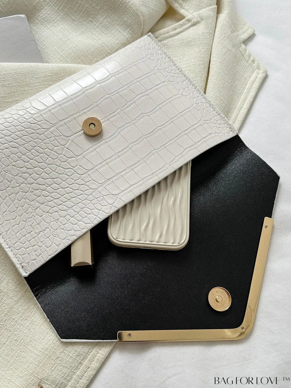 BagForLove - Chic Crocodile Embossed Envelope Clutch with Metal Edge - Sleek & Fashionable