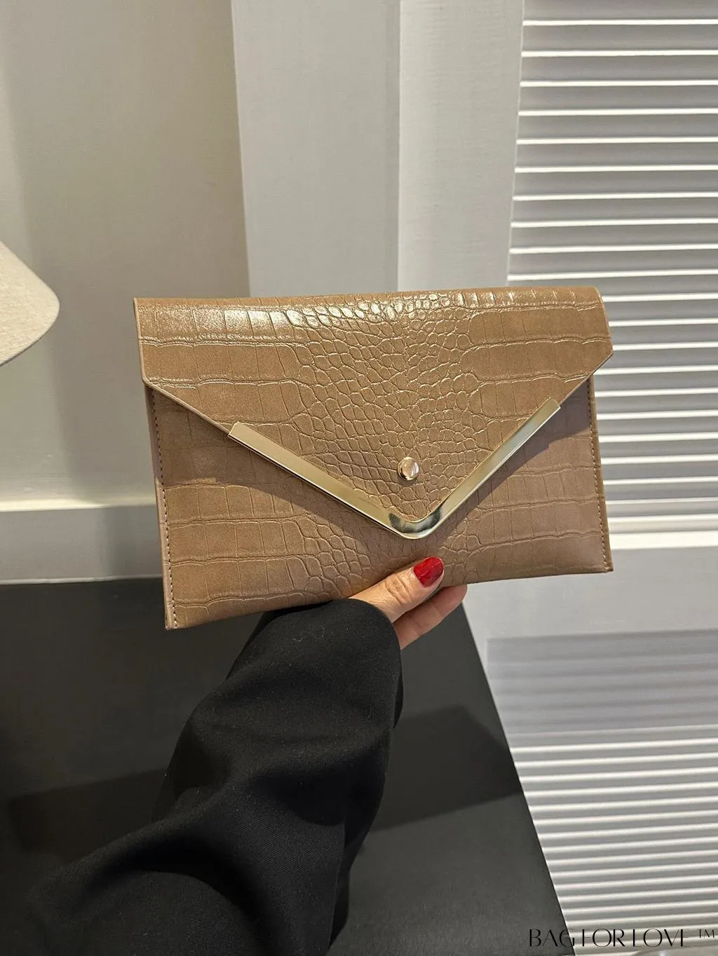 BagForLove - Chic Crocodile Embossed Envelope Clutch with Metal Edge - Sleek & Fashionable