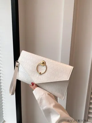 BagForLove - Compact Crocodile Embossed Envelope Bag with Metal Decor - Ideal for Daily Use