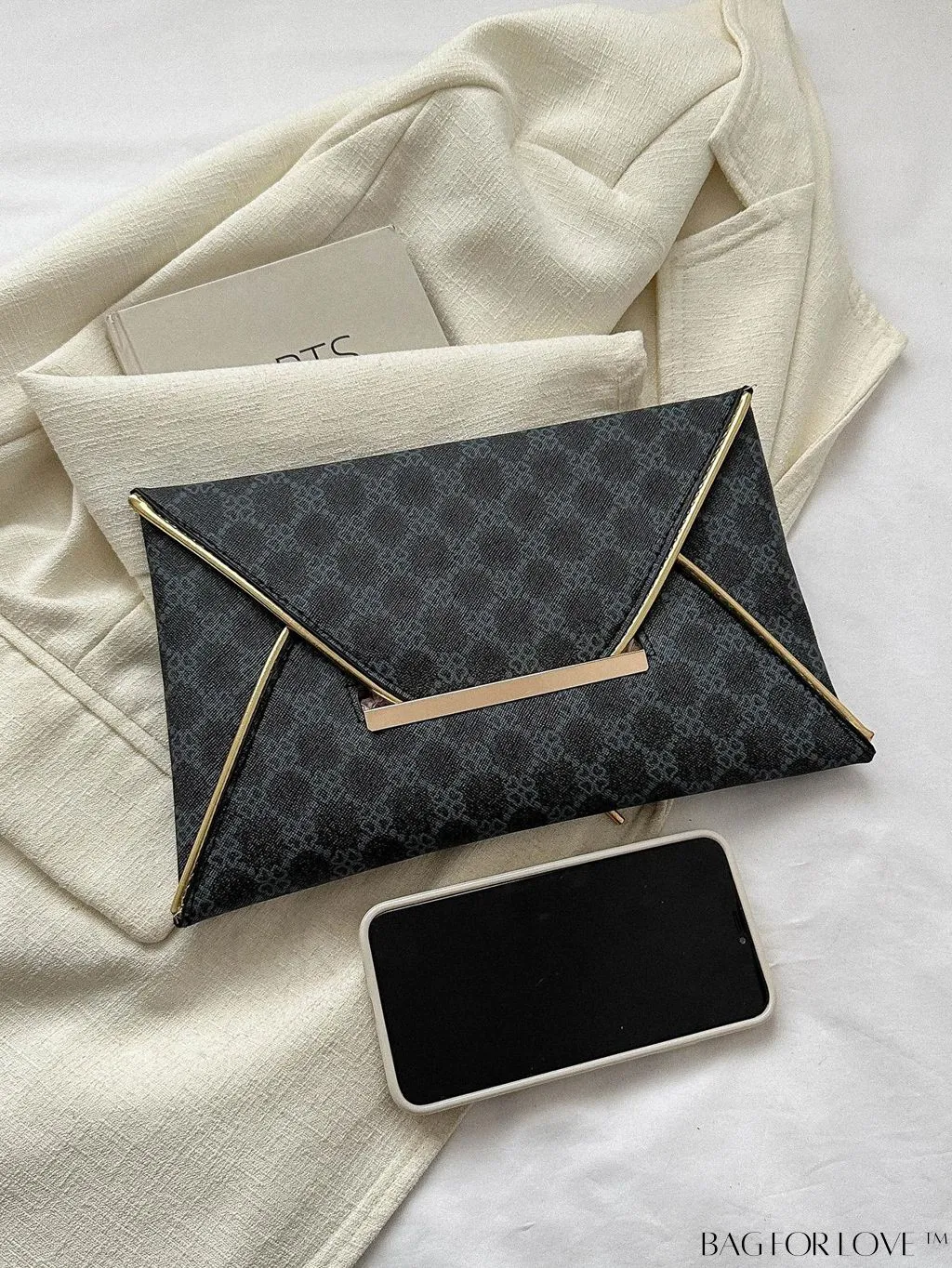 BagForLove - Stylish Envelope Bag with Geometric Pattern, Metal Decor, and Contrast Binding