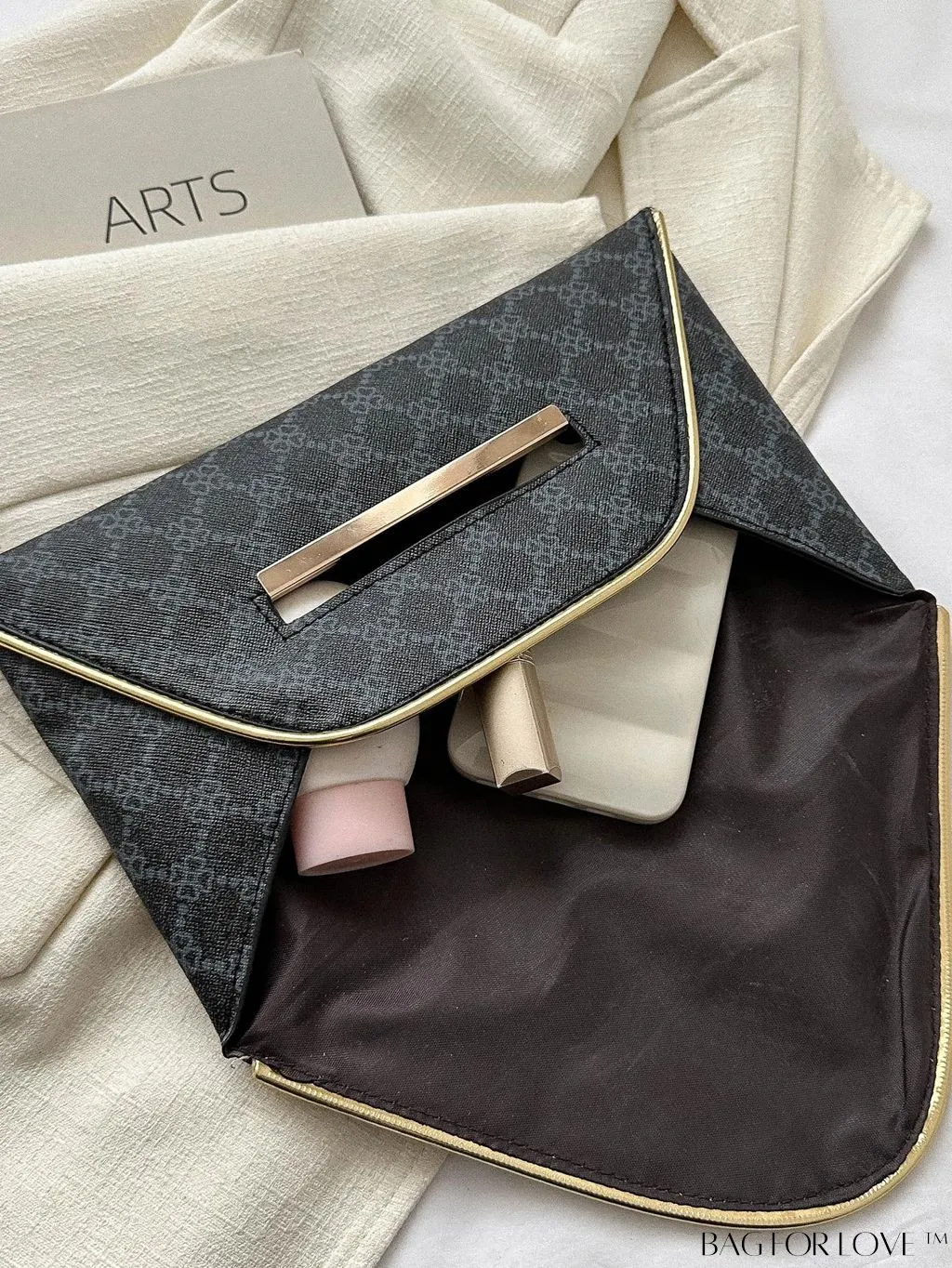 BagForLove - Stylish Envelope Bag with Geometric Pattern, Metal Decor, and Contrast Binding