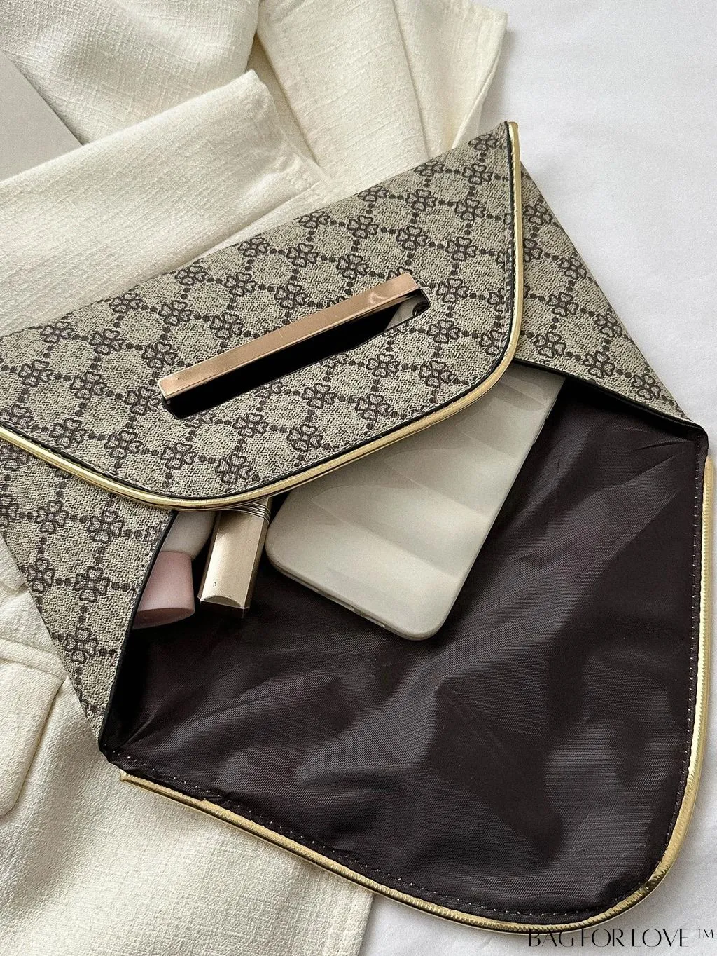 BagForLove - Stylish Envelope Bag with Geometric Pattern, Metal Decor, and Contrast Binding