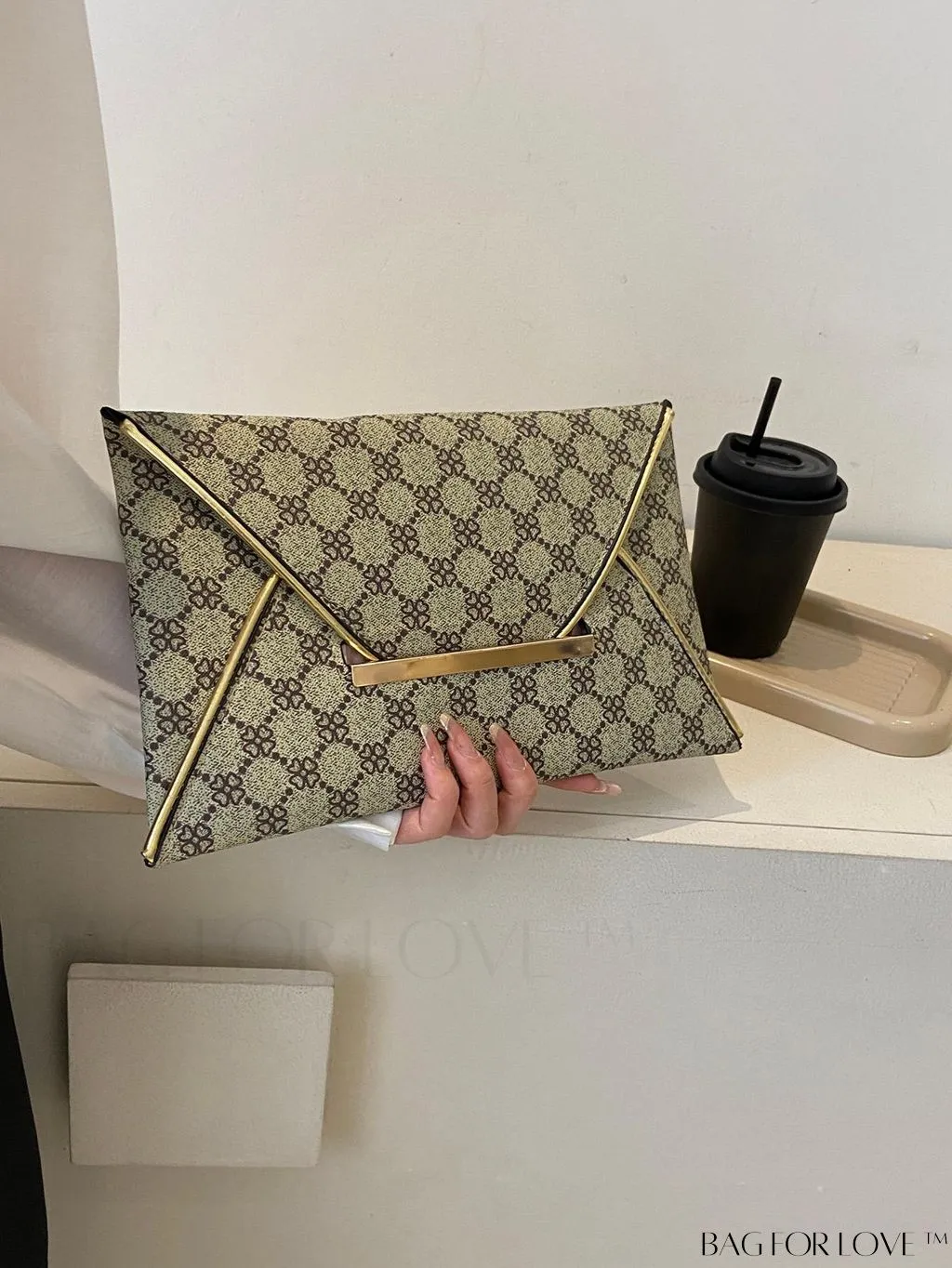 BagForLove - Stylish Envelope Bag with Geometric Pattern, Metal Decor, and Contrast Binding