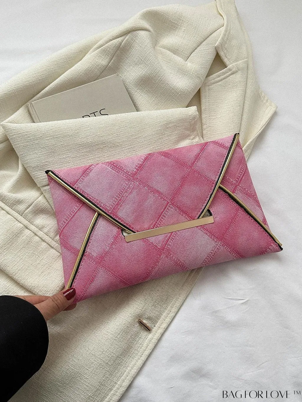 BagForLove - Stylish Envelope Bag with Geometric Pattern, Metal Decor, and Contrast Binding