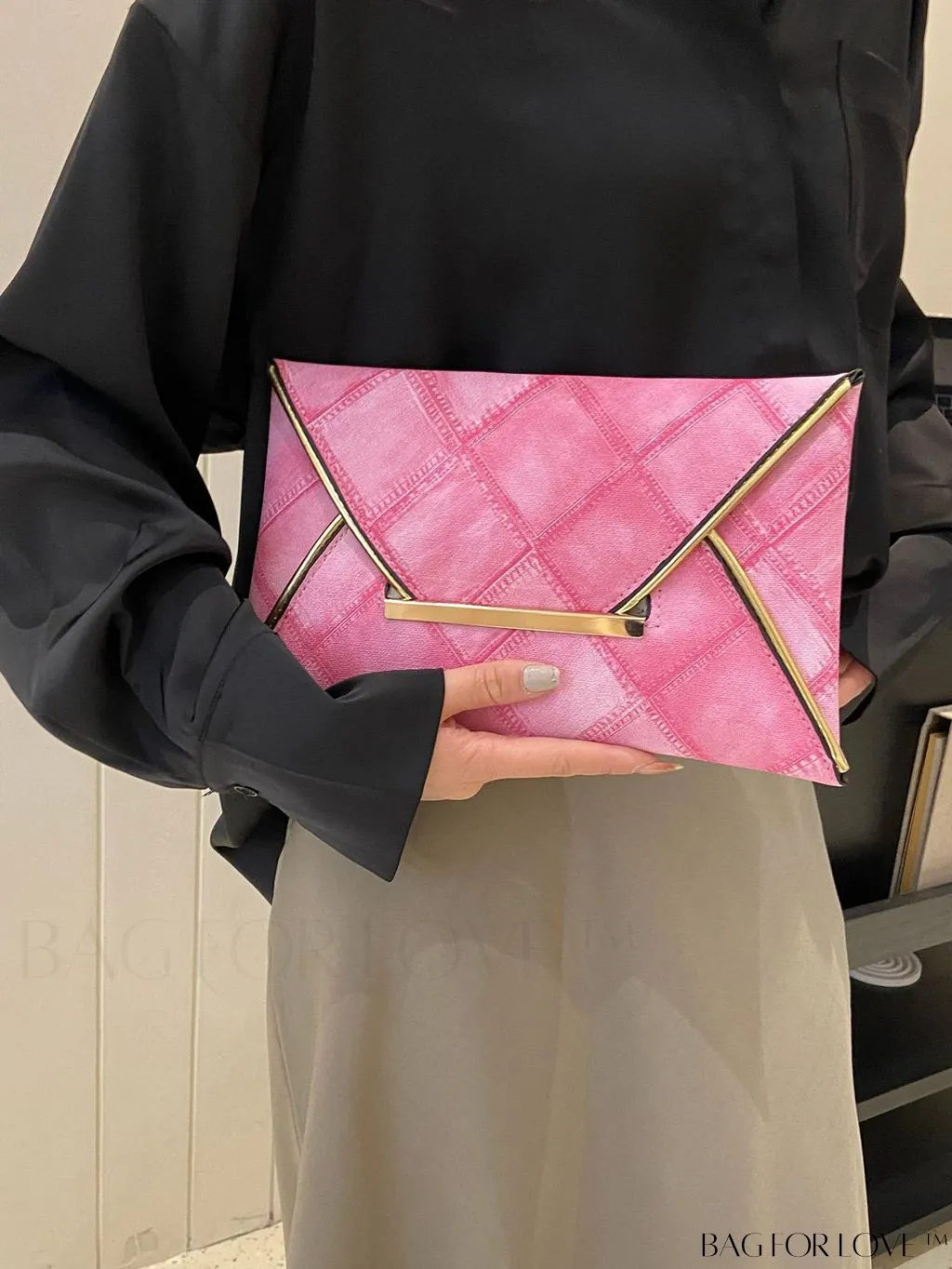 BagForLove - Stylish Envelope Bag with Geometric Pattern, Metal Decor, and Contrast Binding