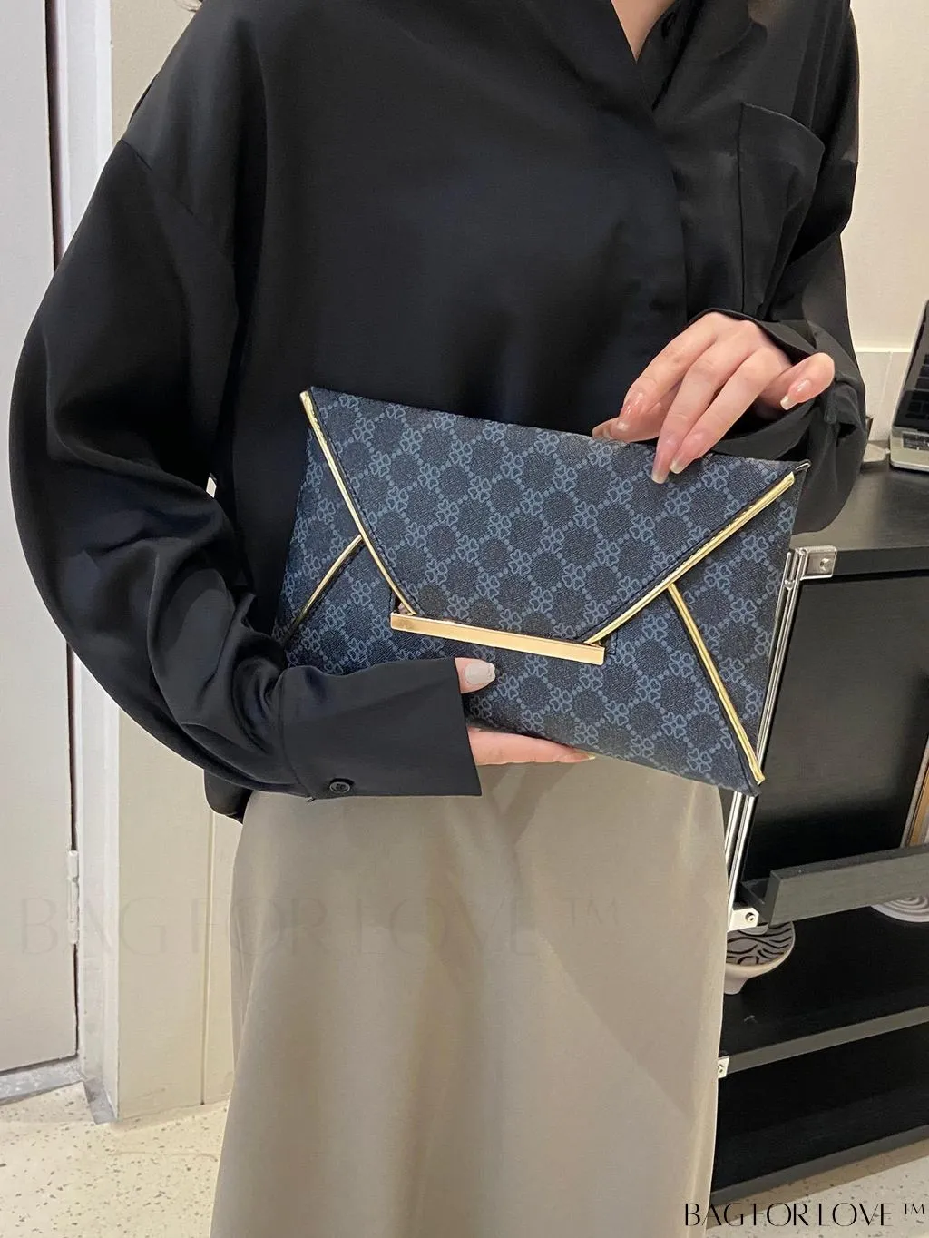 BagForLove - Stylish Envelope Bag with Geometric Pattern, Metal Decor, and Contrast Binding