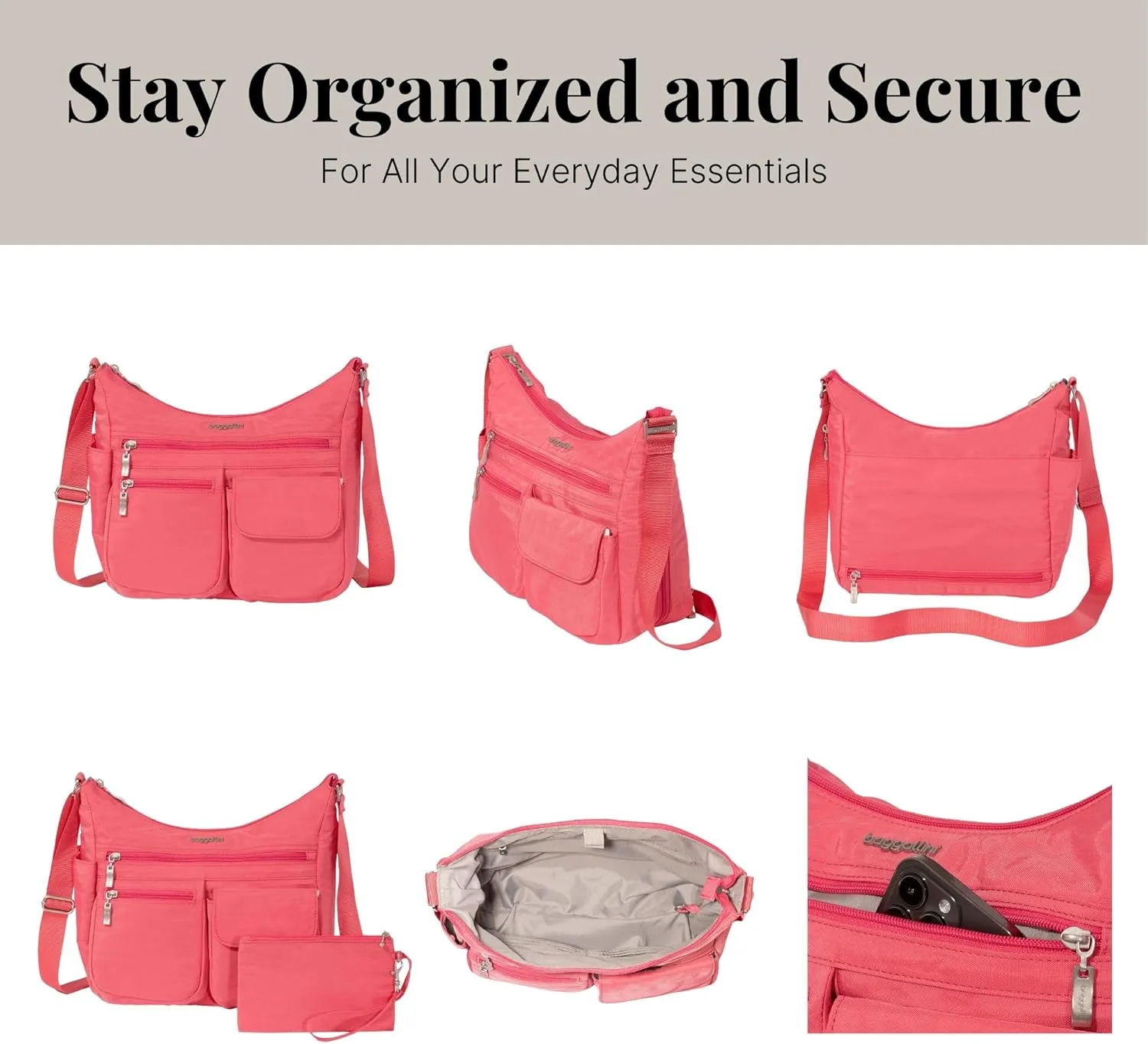 Baggallini Everywhere Bagg Crossbody Women 11x9 Lightweight Nylon Hobo Water-Resistant Travel Bag W/RFID