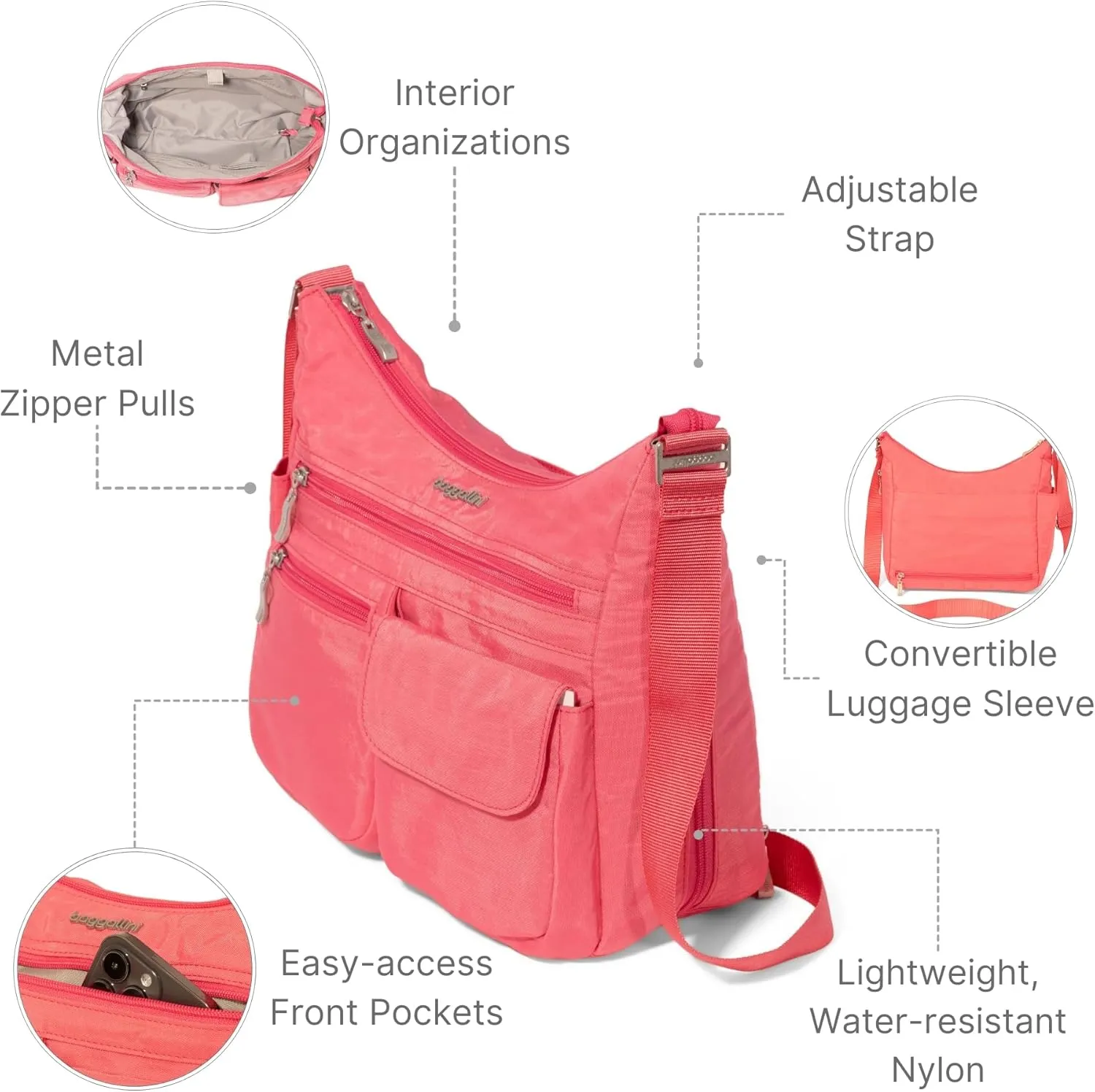 Baggallini Everywhere Bagg Crossbody Women 11x9 Lightweight Nylon Hobo Water-Resistant Travel Bag W/RFID