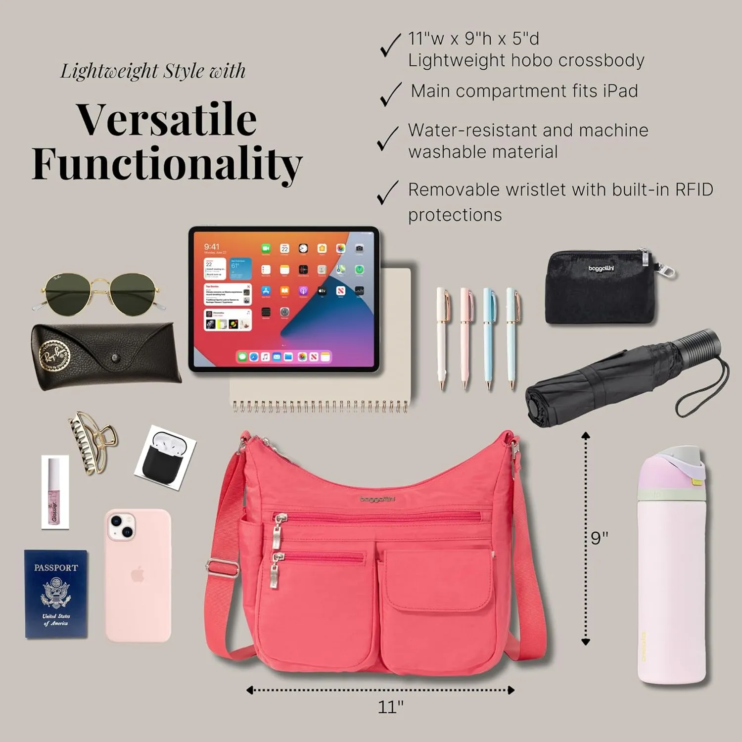 Baggallini Everywhere Bagg Crossbody Women 11x9 Lightweight Nylon Hobo Water-Resistant Travel Bag W/RFID