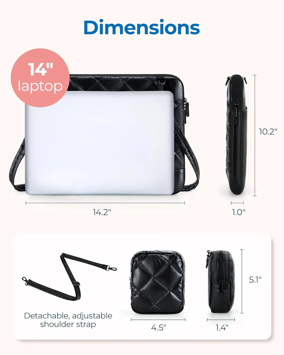 BAGSMART 13-14 Inch Puffy Laptop Sleeve with Strap, Protective Laptop Case with Accessory Bag for Macbook Air/Pro 13 14 Inch, Waterproof Portable Laptop Bag for Women Fitted with Dell HP Lenovo, Pink