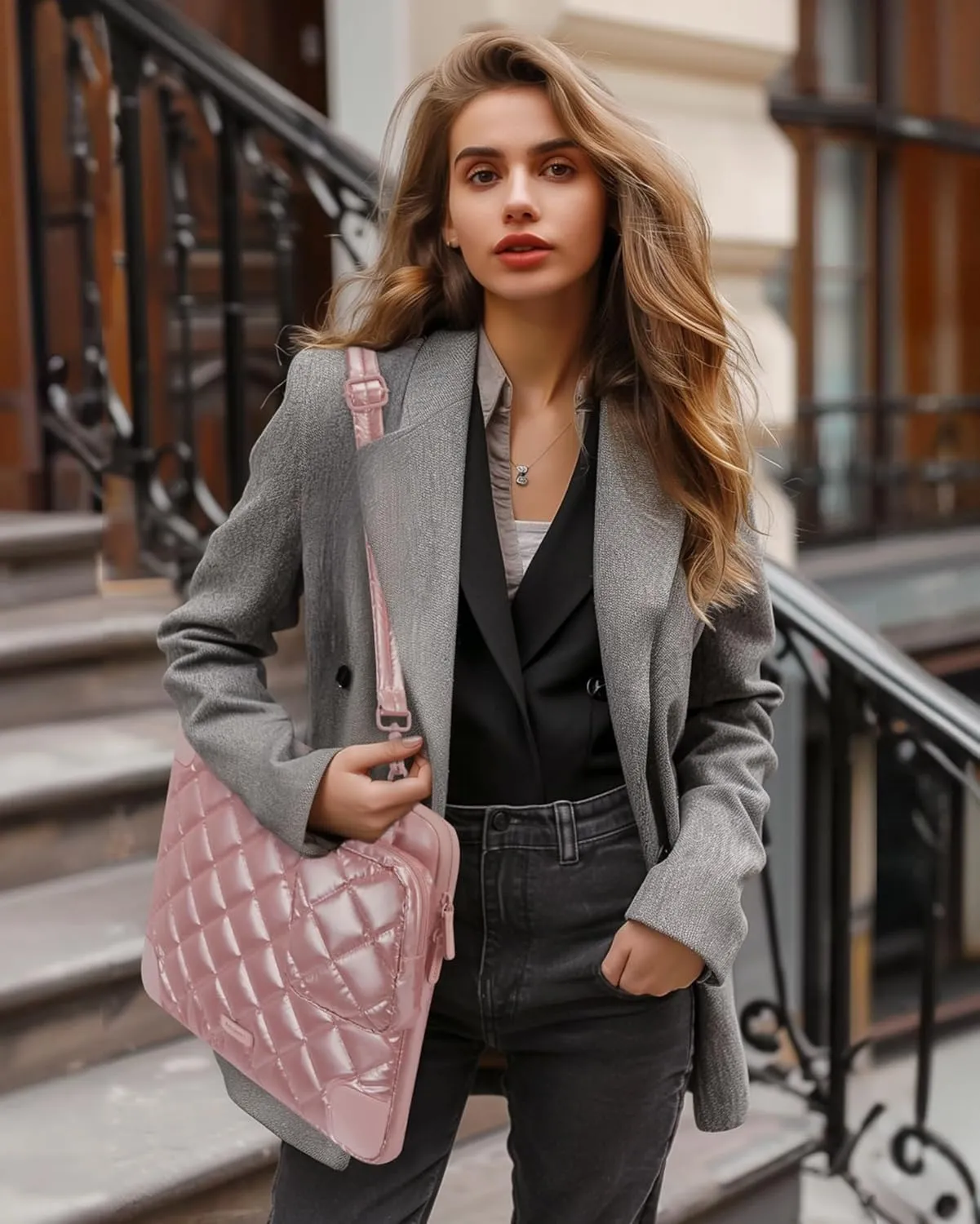 BAGSMART 13-14 Inch Puffy Laptop Sleeve with Strap, Protective Laptop Case with Accessory Bag for Macbook Air/Pro 13 14 Inch, Waterproof Portable Laptop Bag for Women Fitted with Dell HP Lenovo, Pink