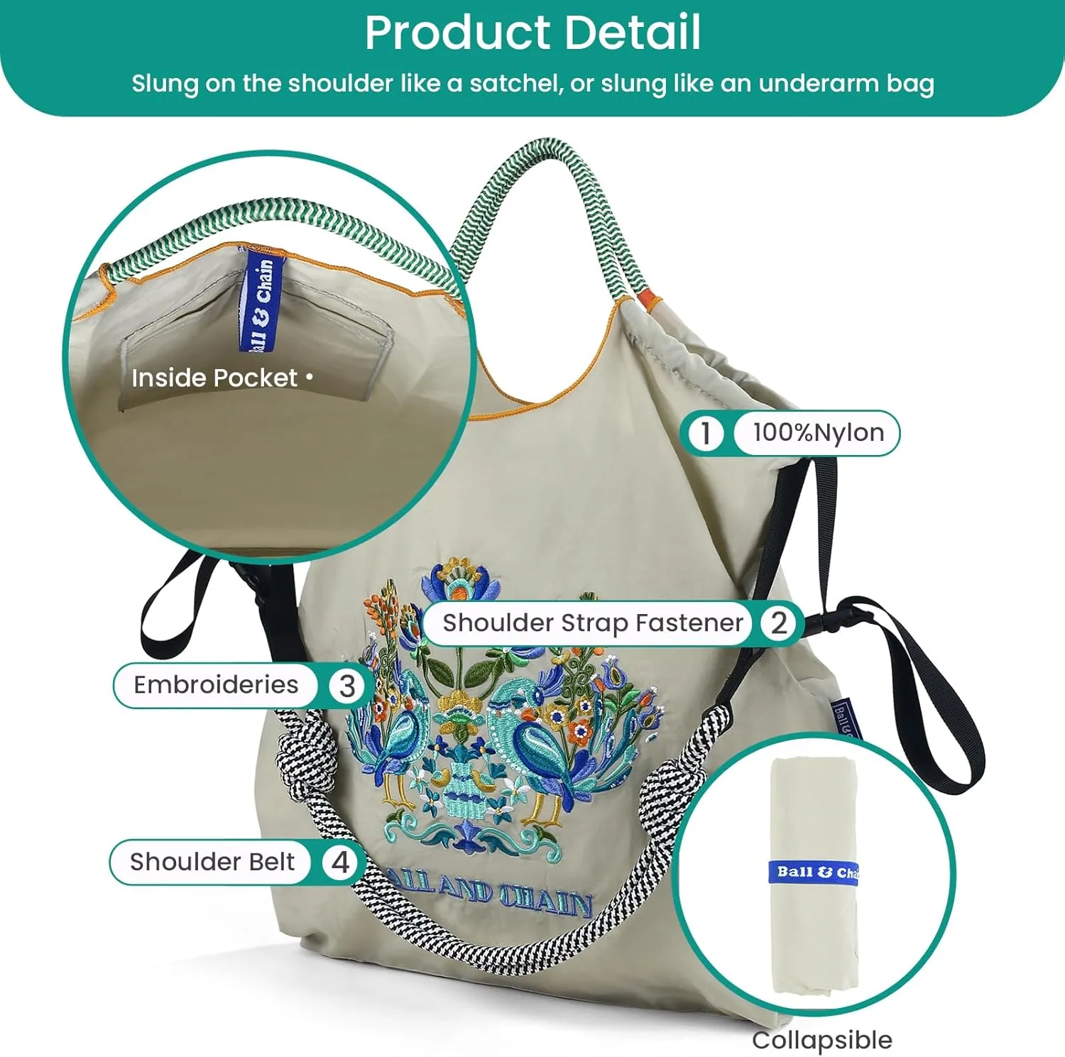 Ball&Chain Shoulder Tote Bag for Women, Nylon Top-Handle, Foldable Weekend Handbag with Pockets