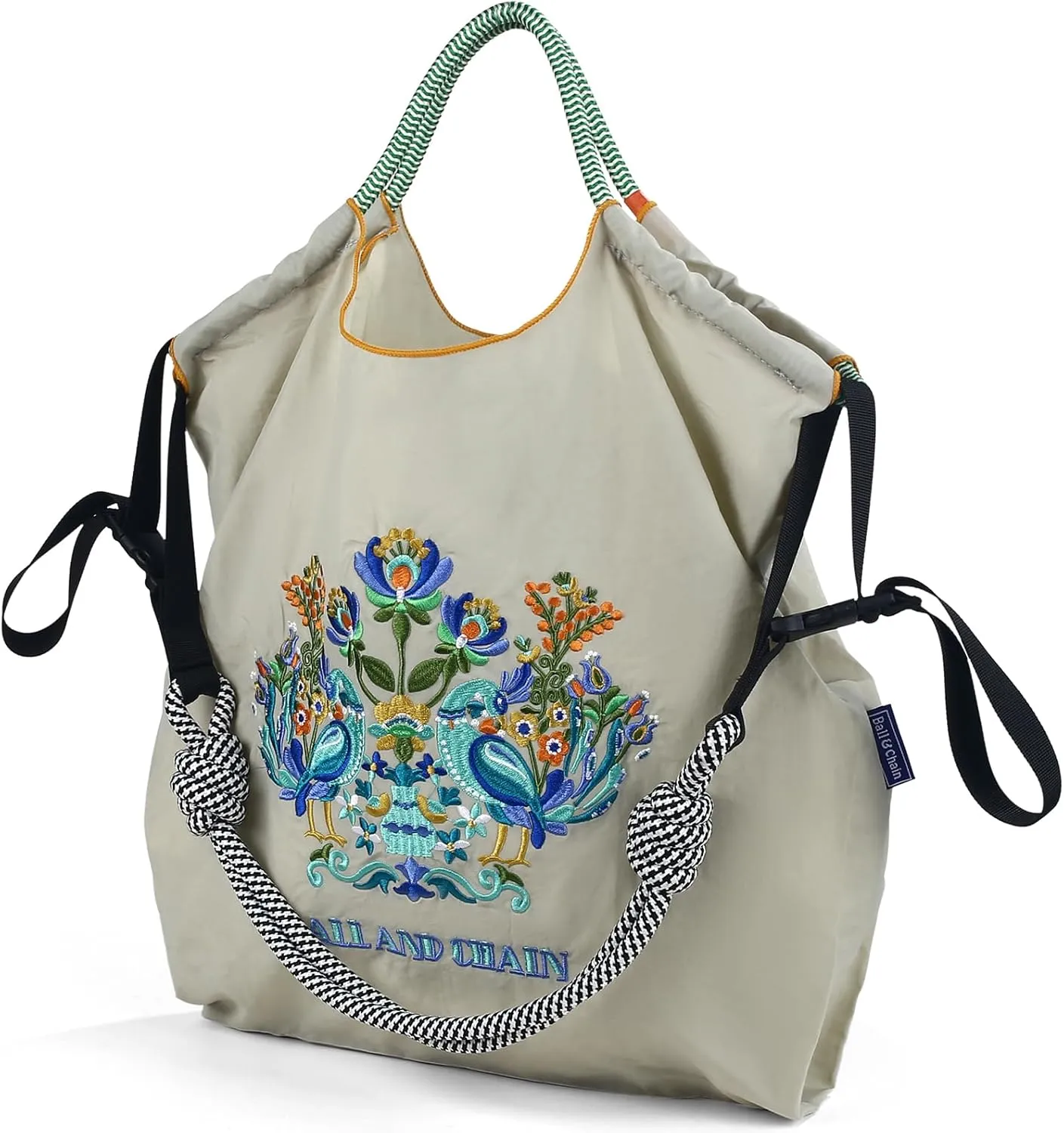 Ball&Chain Shoulder Tote Bag for Women, Nylon Top-Handle, Foldable Weekend Handbag with Pockets
