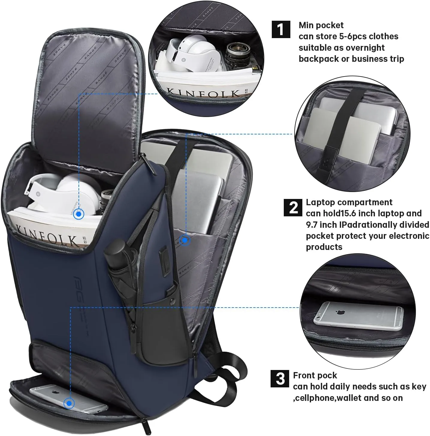 BANGE Business Laptop Smart backpack Can Hold 15.6 Inch Laptop Commute Backpack Carry on bag for men and women (Blue)
