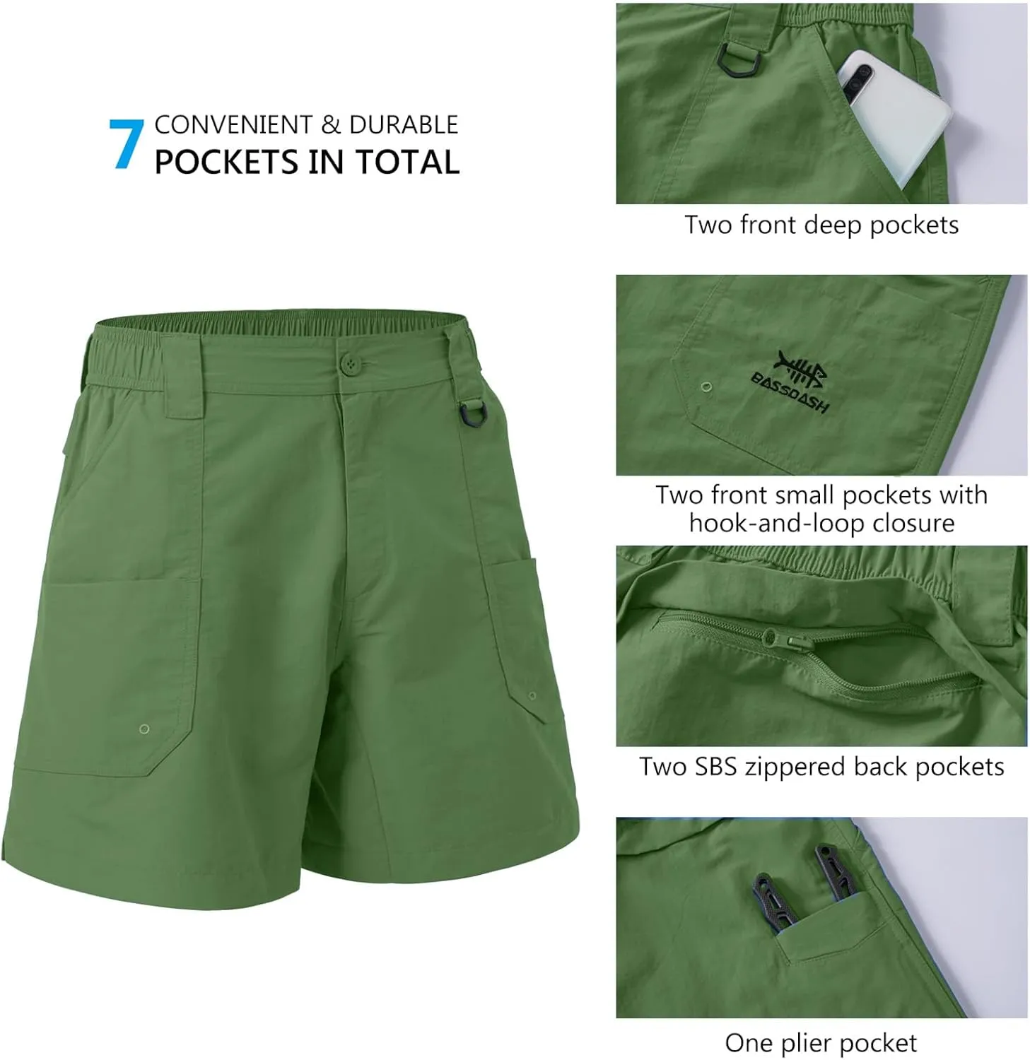 BASSDASH Youth 5" Fishing Shorts UPF 50  Water Resistant Quick Dry Boys Girls Hiking Cargo Shorts with Pockets FP03Y