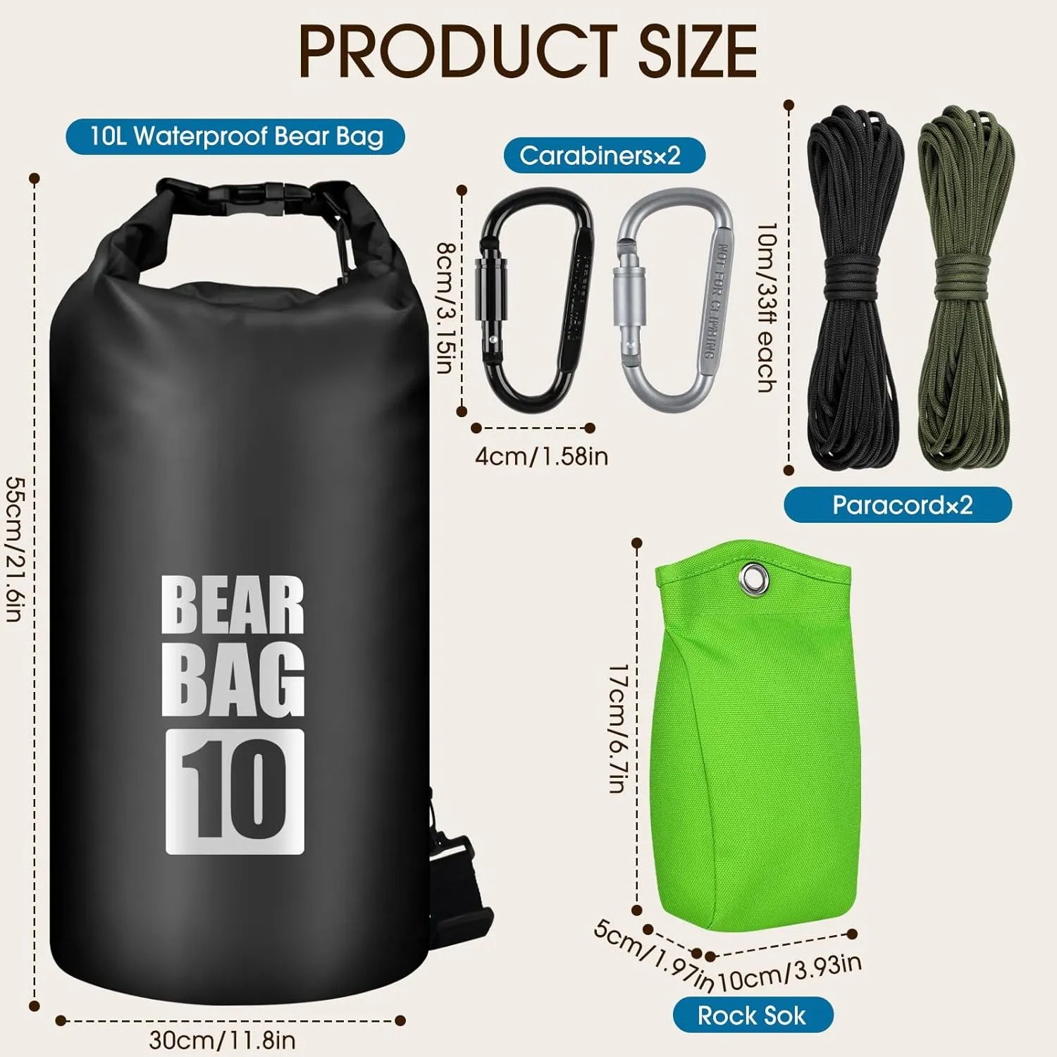 Bear Food Bag Hanging System, Bear Bags for Food Backpacking, Ultralight 10L Waterproof Camping Bear Proof Food Storage Canister Pulley System with Paracord, Carabiner, Throw Bag