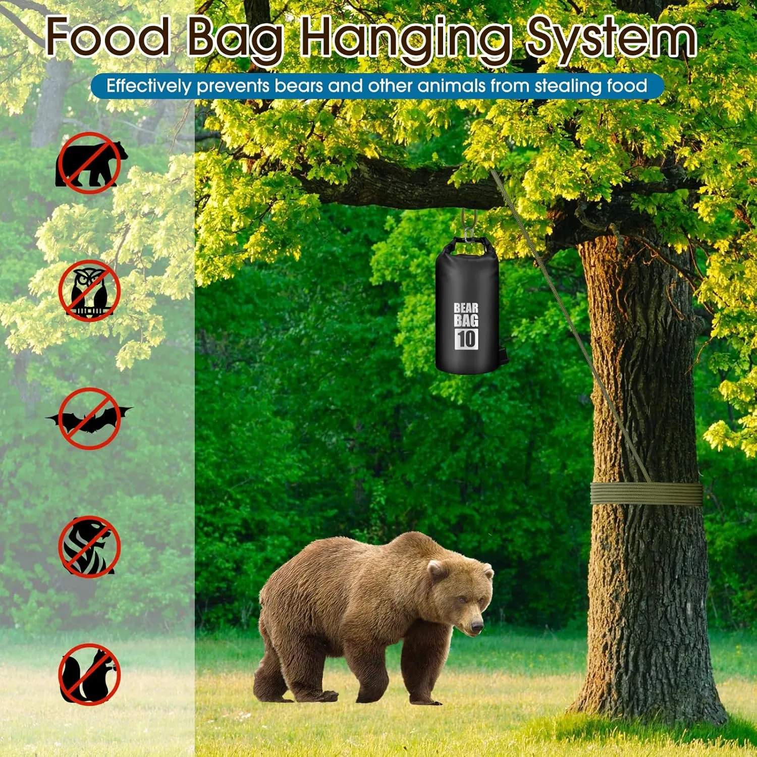 Bear Food Bag Hanging System, Bear Bags for Food Backpacking, Ultralight 10L Waterproof Camping Bear Proof Food Storage Canister Pulley System with Paracord, Carabiner, Throw Bag