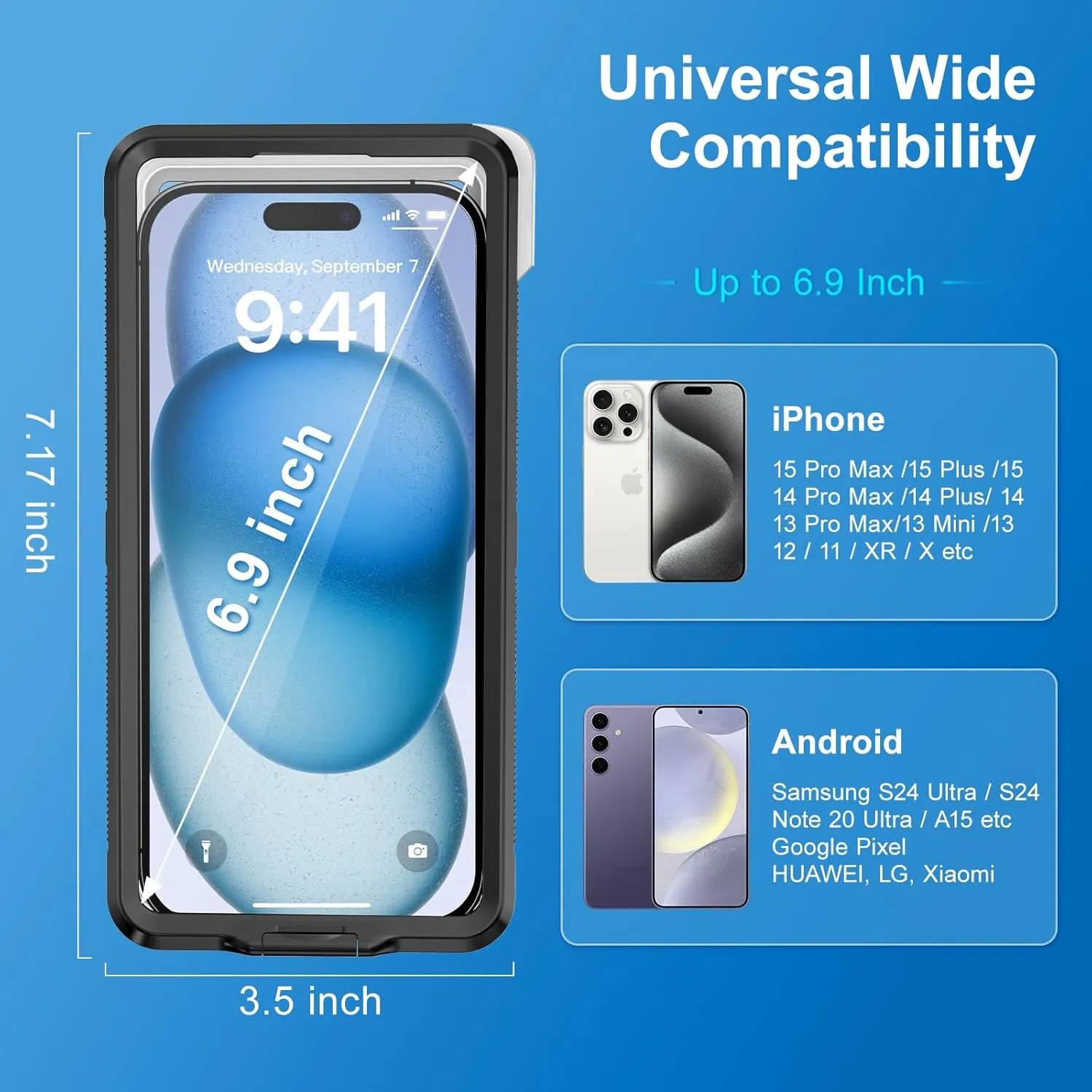 Beasyjoy Waterproof Phone Case, Underwater Snorkeling Diving Phone Case, Universal Self-Check Water Proof Case Up to 6.9 Inch for iPhone 16/15/14/13/12/11 and Samsung S24/S23/S22/Google Series - Black