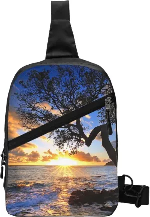 Beautiful Sunrise Sea Printed Folding Travel Chest Bag, Crossbody Sling Backpack for Men & Women, Multipurpose Shoulder Bag, Black, One Size, Hiking Backpack