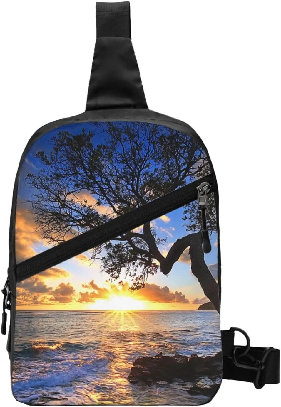 Beautiful Sunrise Sea Printed Folding Travel Chest Bag, Crossbody Sling Backpack for Men & Women, Multipurpose Shoulder Bag, Black, One Size, Hiking Backpack