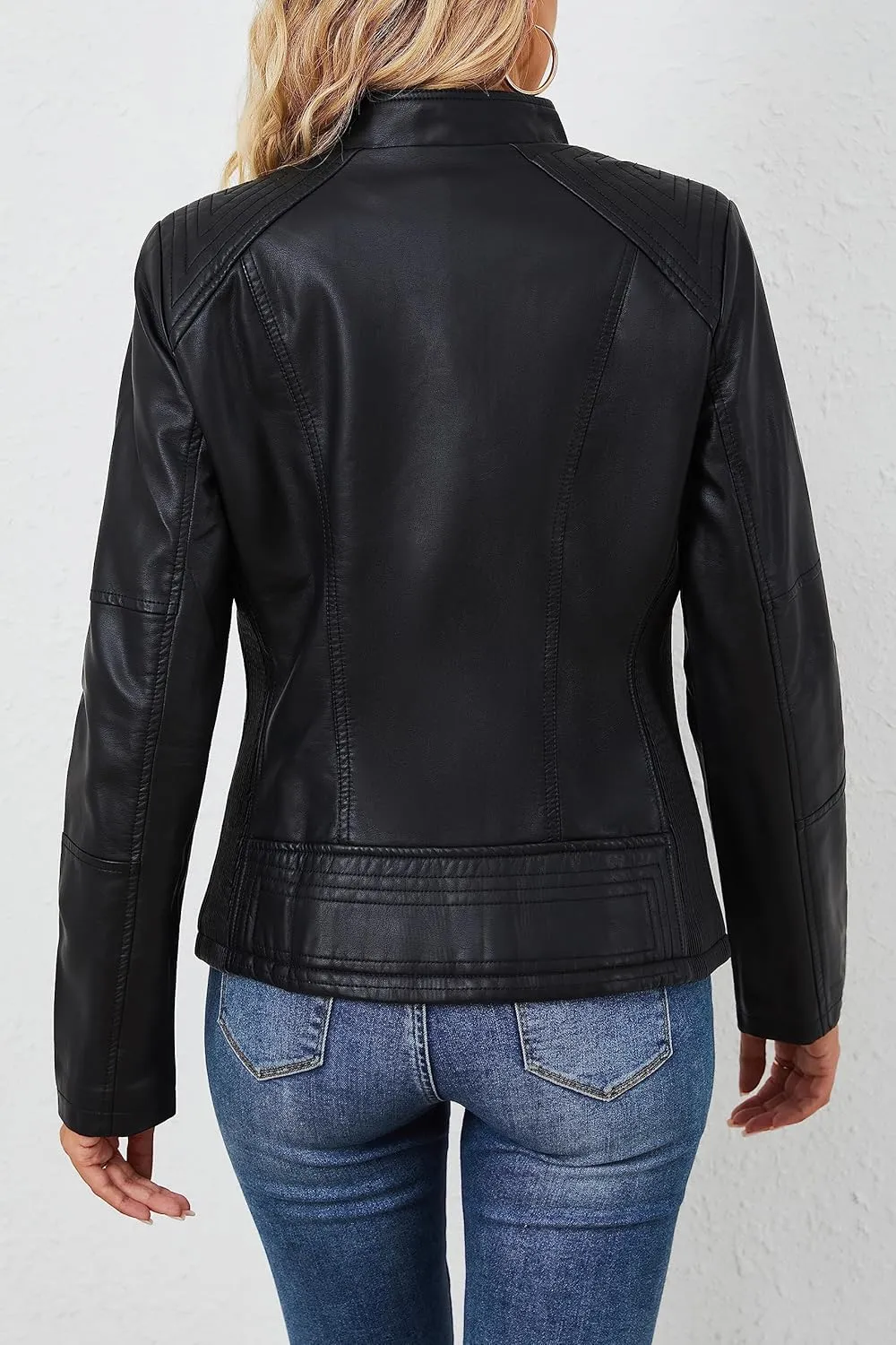 Bellivera Faux Leather Jacket Women Motorcycle Zipper Bomber PU Bike Coat with Pockets
