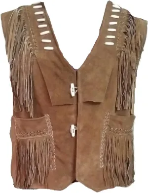Bestzo Mens Beaded, Fringed Suede Leather Vest Western Indian Style Brown XS-5XL