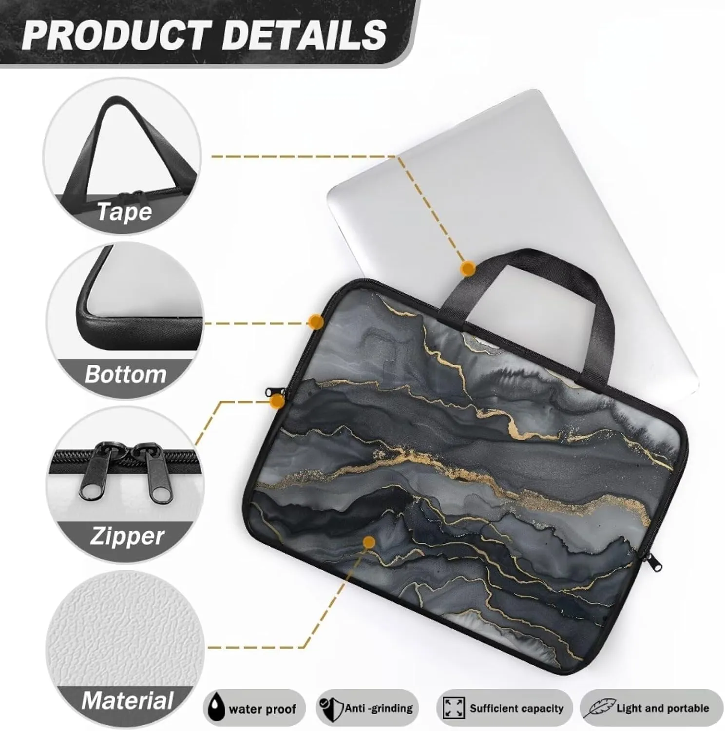 Black Marble Texture Laptop Case Slim Portable Monitor Protective Cover with Top Handle, Traveling Computer Carrying Bag Laptop Sleeve, 13 Inch Laptop Handbag for Daily Office Use