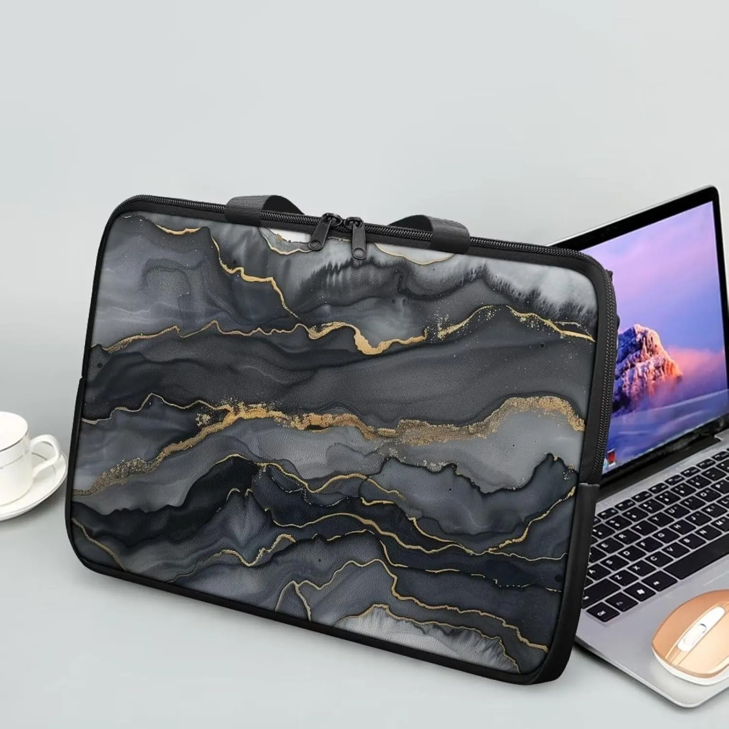 Black Marble Texture Laptop Case Slim Portable Monitor Protective Cover with Top Handle, Traveling Computer Carrying Bag Laptop Sleeve, 13 Inch Laptop Handbag for Daily Office Use