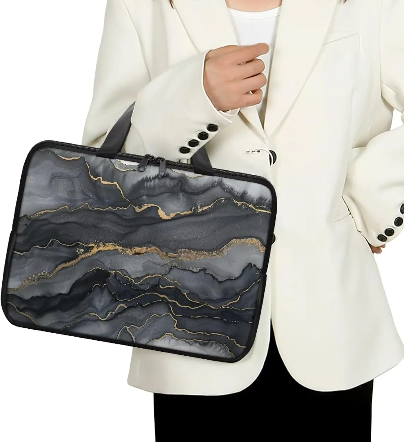 Black Marble Texture Laptop Case Slim Portable Monitor Protective Cover with Top Handle, Traveling Computer Carrying Bag Laptop Sleeve, 13 Inch Laptop Handbag for Daily Office Use