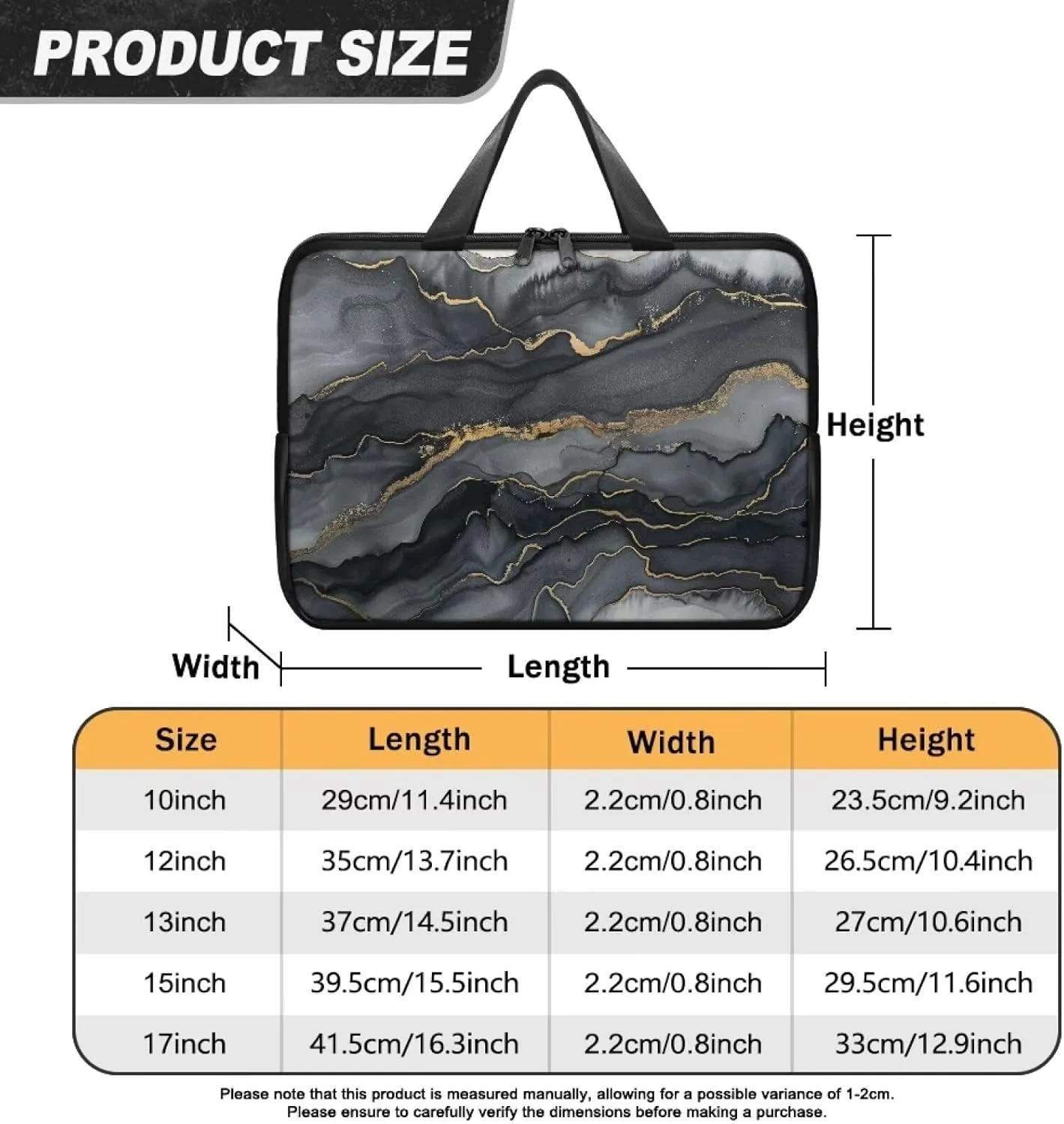 Black Marble Texture Laptop Case Slim Portable Monitor Protective Cover with Top Handle, Traveling Computer Carrying Bag Laptop Sleeve, 13 Inch Laptop Handbag for Daily Office Use