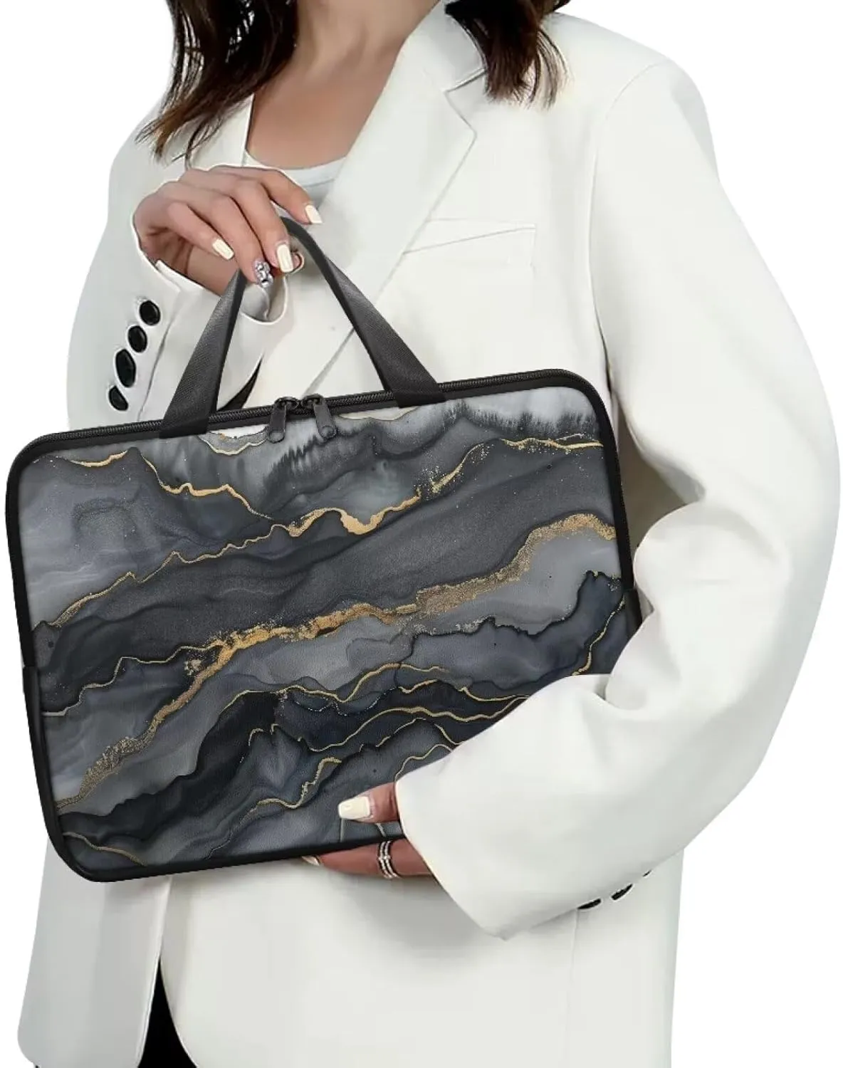 Black Marble Texture Laptop Case Slim Portable Monitor Protective Cover with Top Handle, Traveling Computer Carrying Bag Laptop Sleeve, 13 Inch Laptop Handbag for Daily Office Use