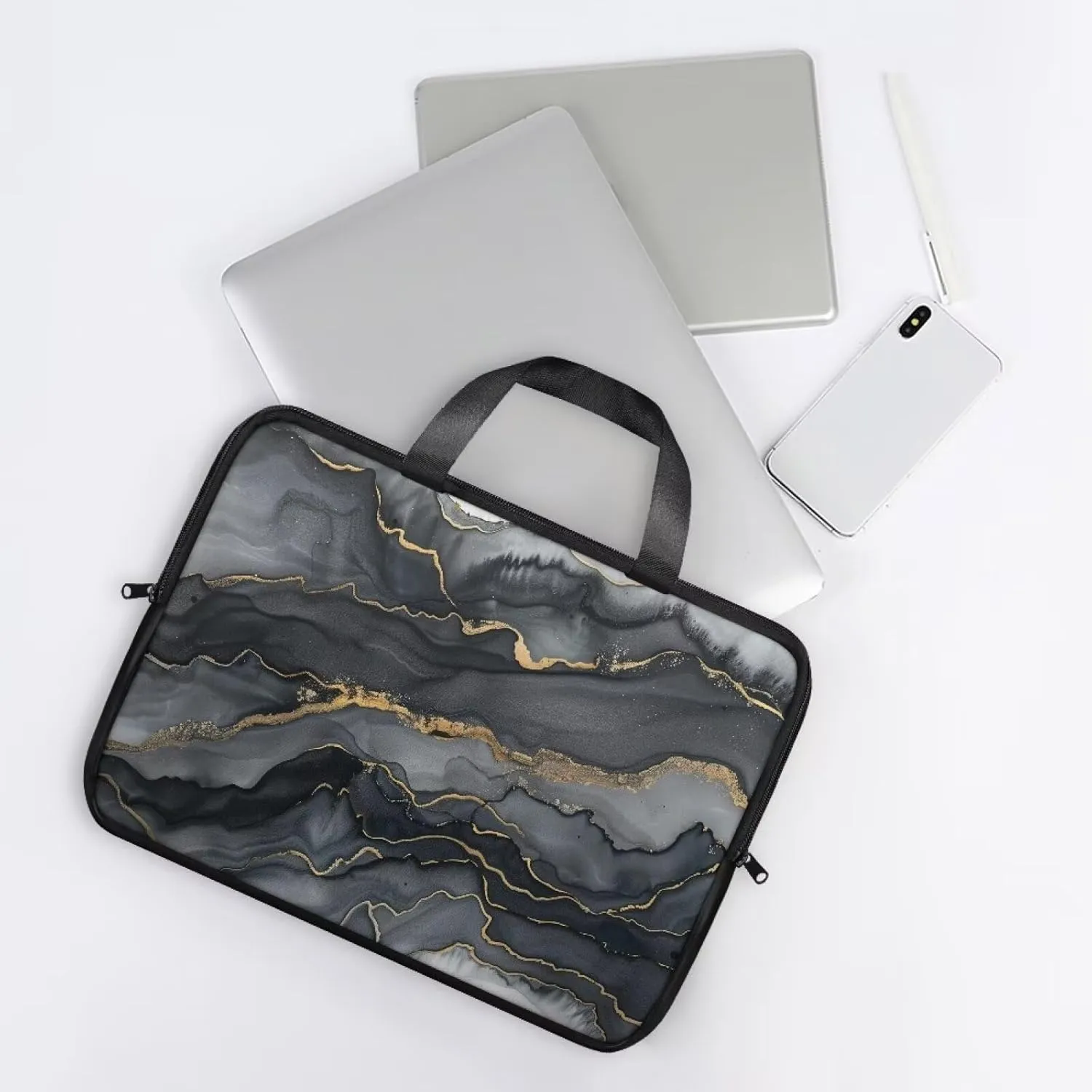 Black Marble Texture Laptop Case Slim Portable Monitor Protective Cover with Top Handle, Traveling Computer Carrying Bag Laptop Sleeve, 13 Inch Laptop Handbag for Daily Office Use
