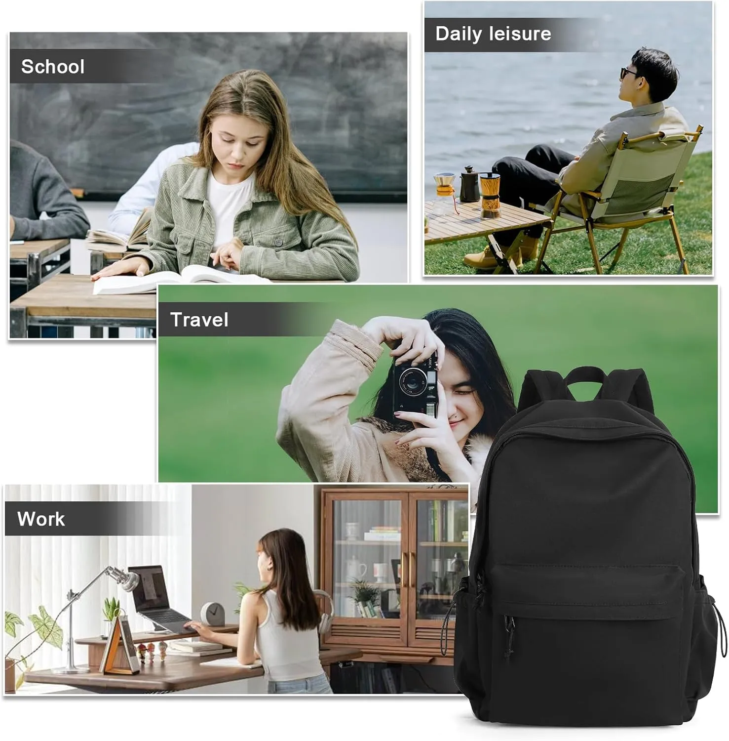 Black Middle School Backpack For Men Women Simple Backpack For College Students Aesthetic High School Bag Waterproof Bookbag For Teens Girls Boys