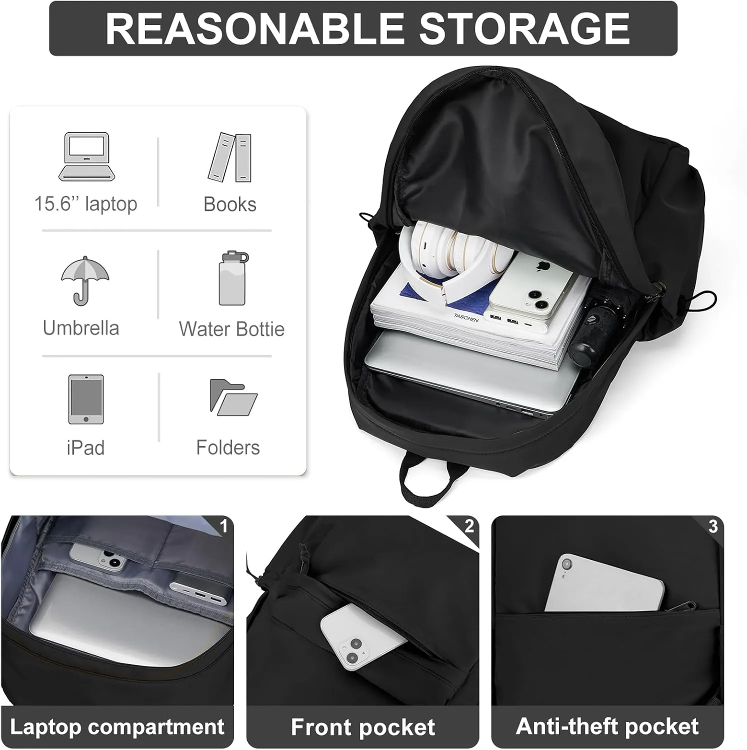 Black Middle School Backpack For Men Women Simple Backpack For College Students Aesthetic High School Bag Waterproof Bookbag For Teens Girls Boys