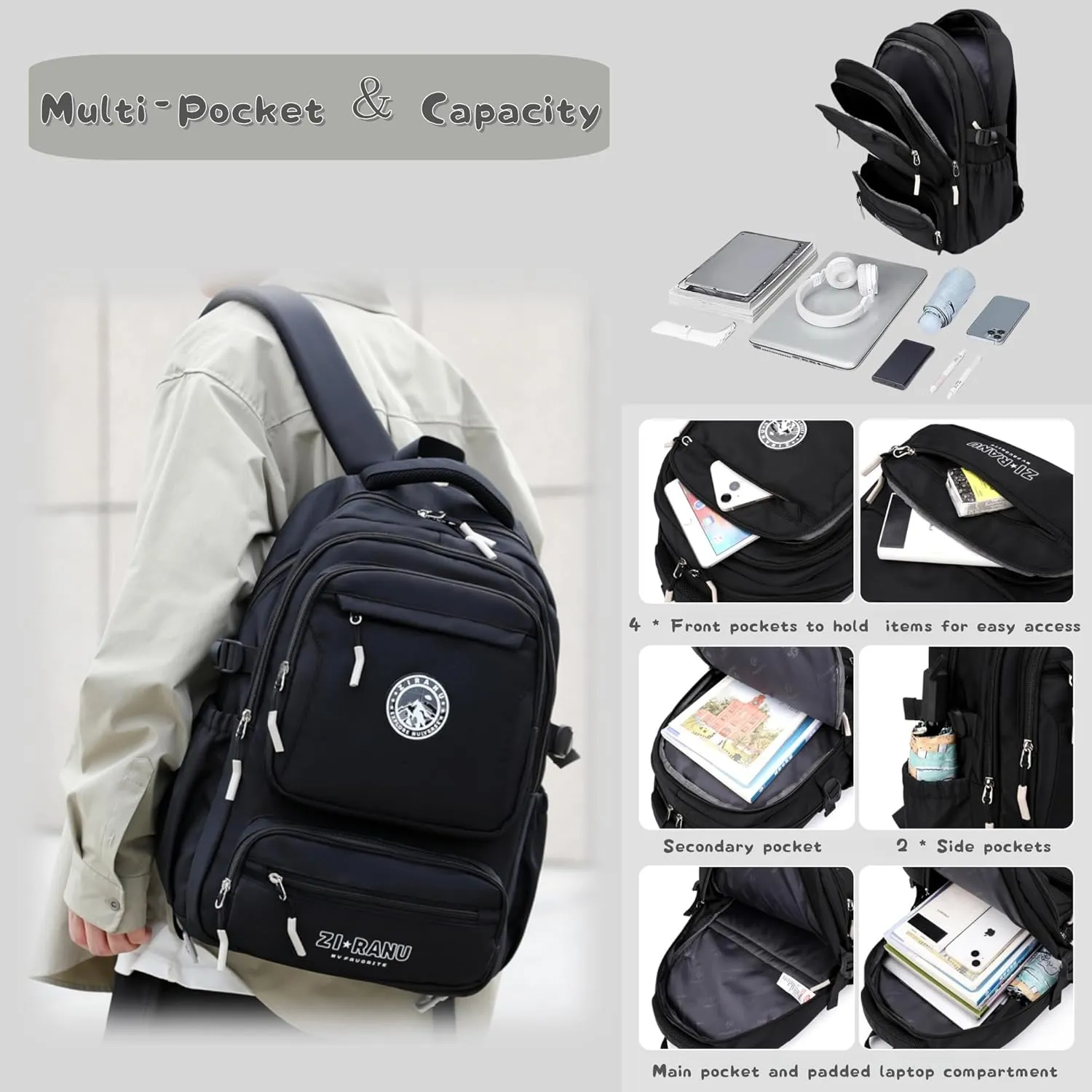 Black Rolling Backpack for Boys Middle Junior School Kids, Boys Backpack with 6 Wheels, Black