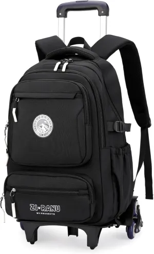 Black Rolling Backpack for Boys Middle Junior School Kids, Boys Backpack with 6 Wheels, Black