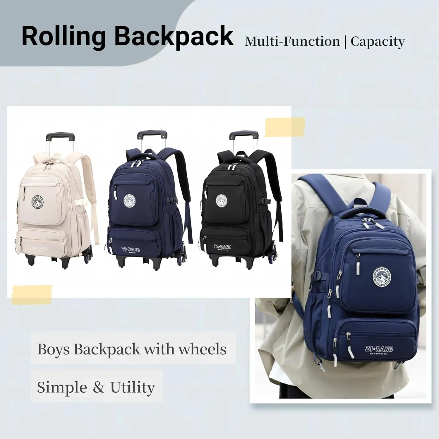 Black Rolling Backpack for Boys Middle Junior School Kids, Boys Backpack with 6 Wheels, Black