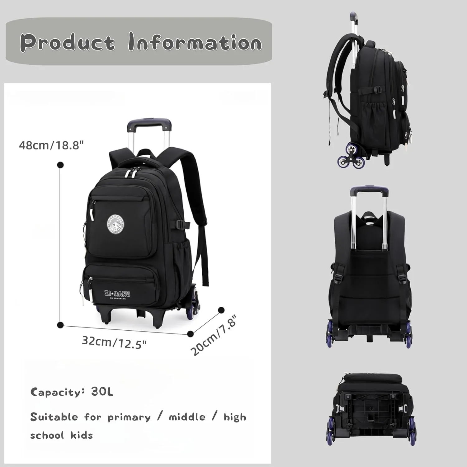 Black Rolling Backpack for Boys Middle Junior School Kids, Boys Backpack with 6 Wheels, Black