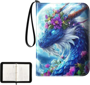 Blue Dragon Moon Colorful Flowers Card Binder 4 Pocket, Trading Card Holder Fits 400 Game Cards with 50 Removable Sleeves, MTG Card Case Standard Size